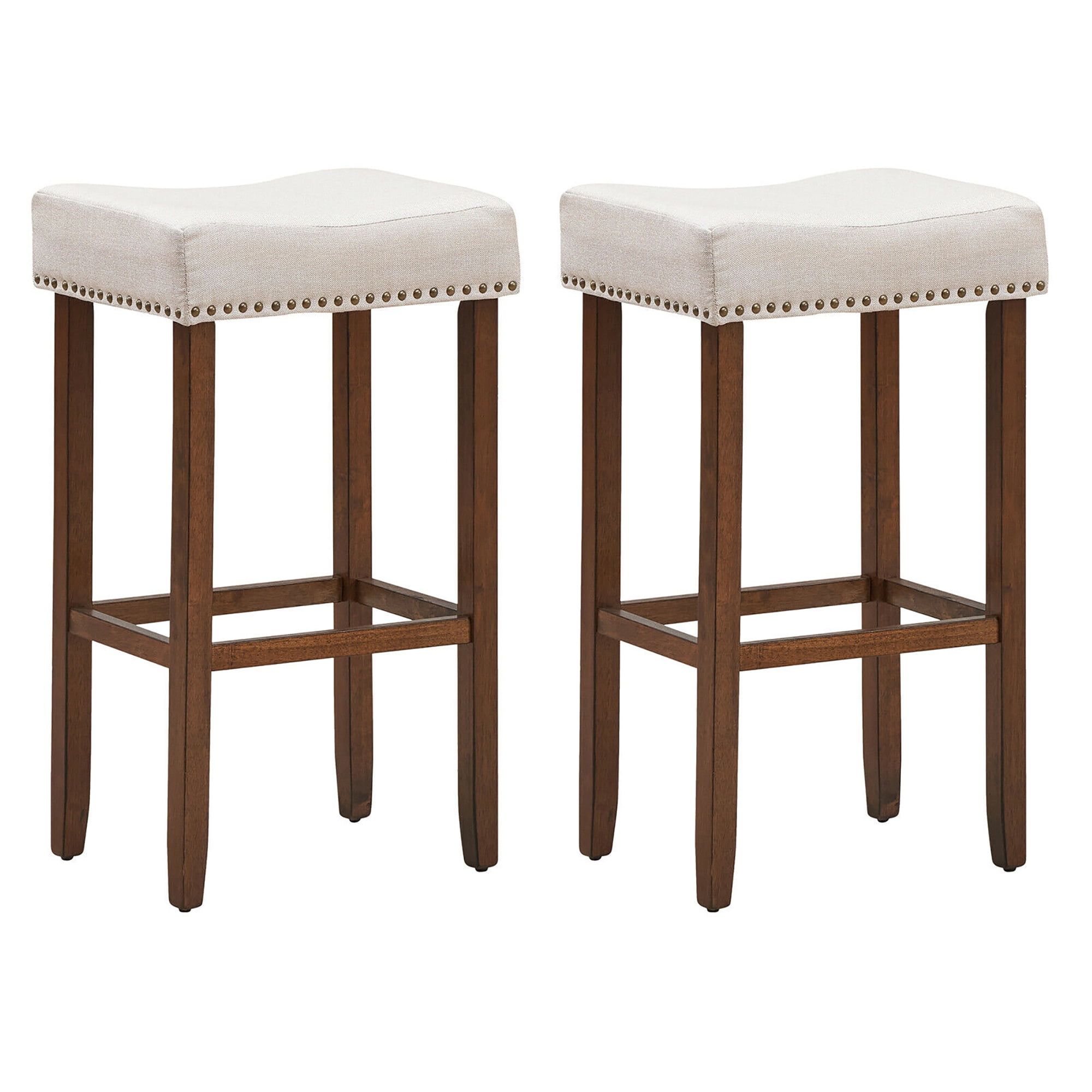 Elegant Beige Saddle Seat Bar Stools with Solid Wood Legs, Set of 2