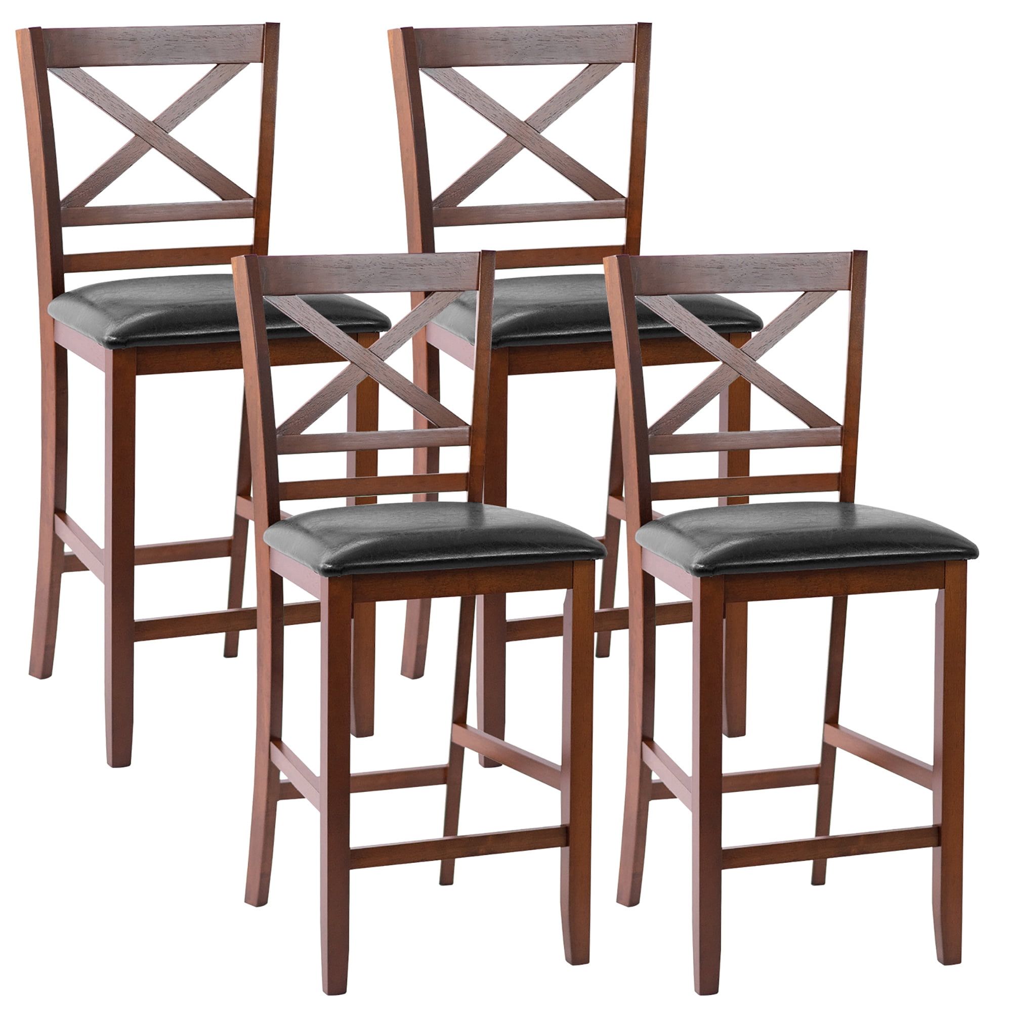 Elegant 25'' Black Leather & Glossy Walnut Wood Counter Stools, Set of 4