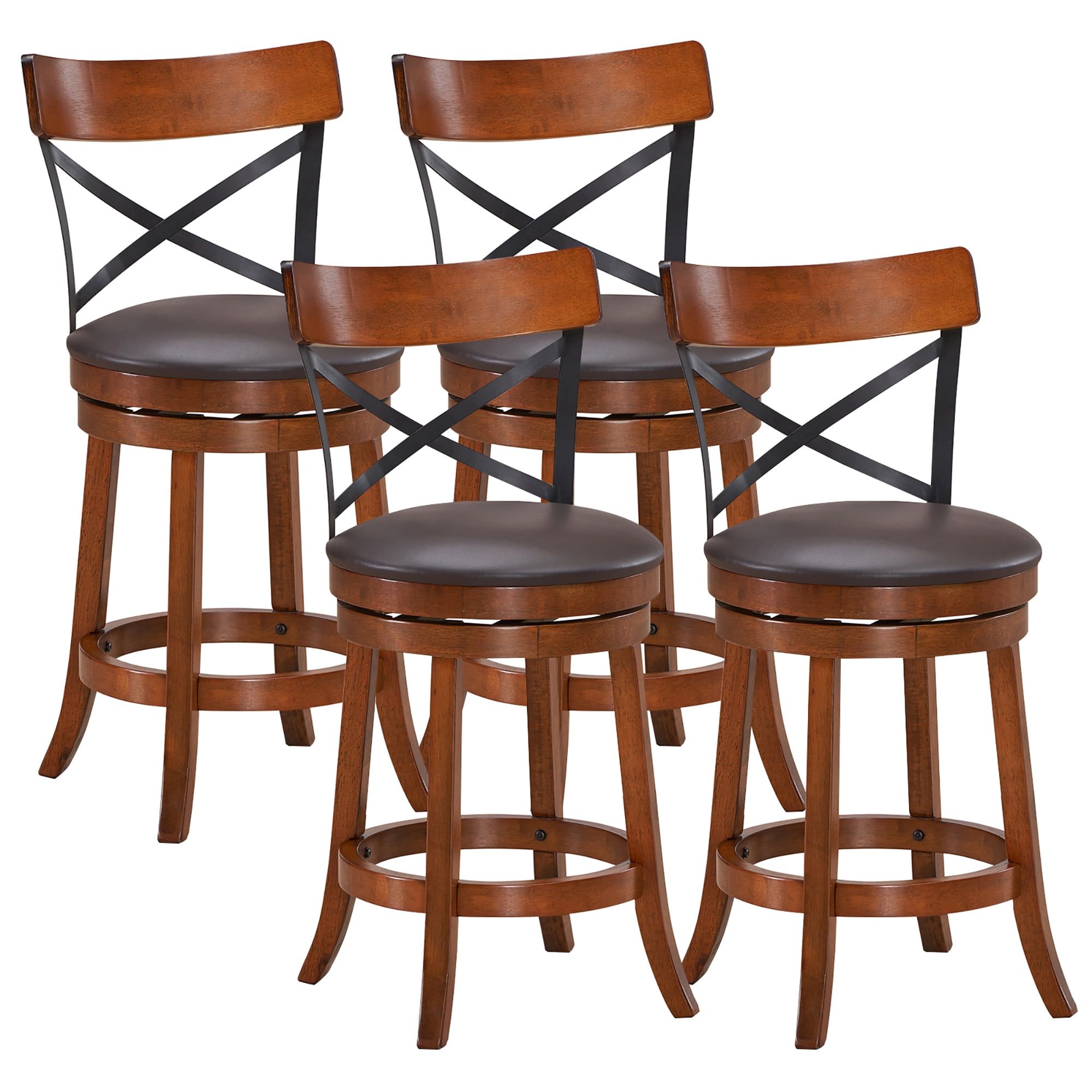 Walnut and Black Swivel 25'' High Back Bar Stools Set of 4