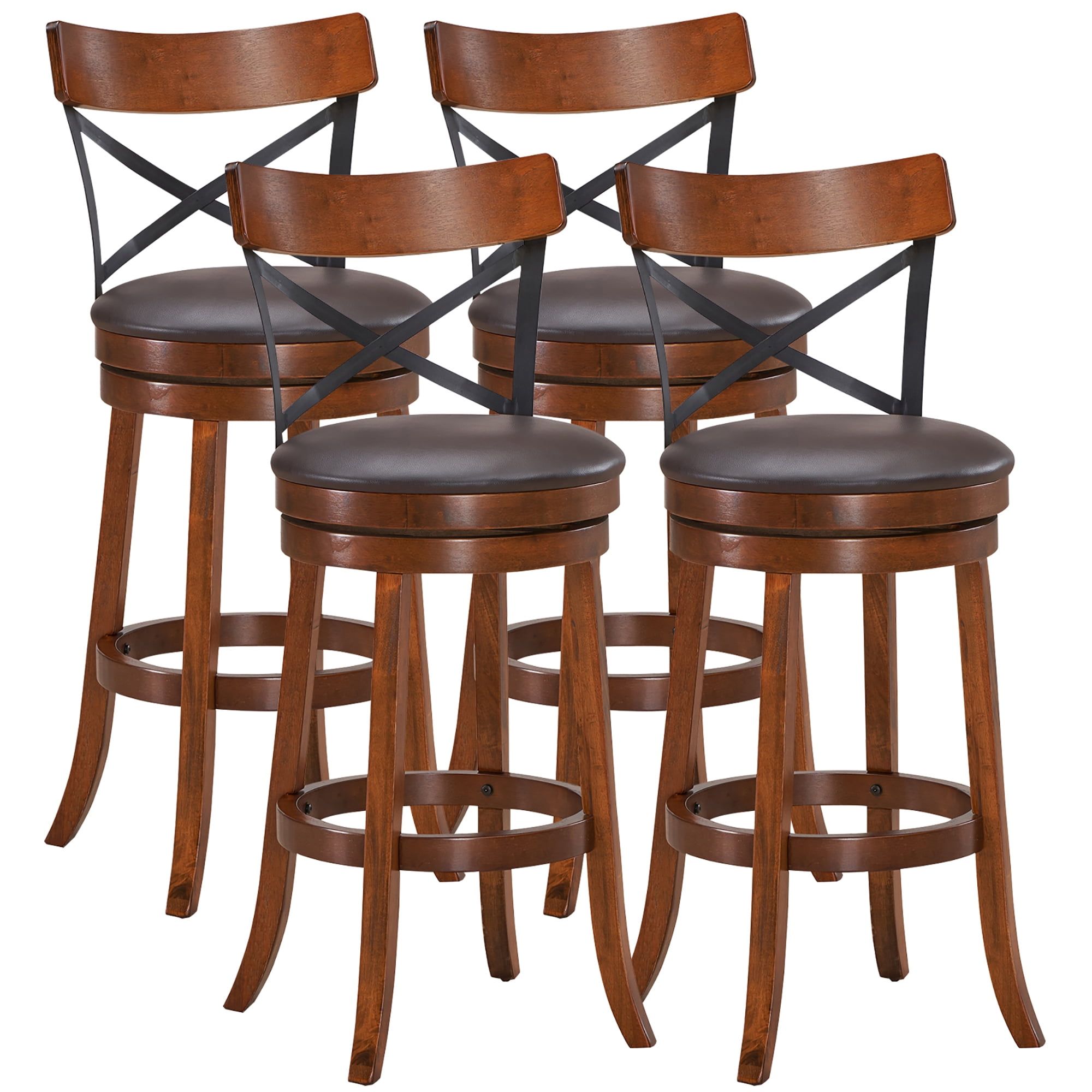 Set of 4 Walnut Swivel Bar Stools with Metal Backrest