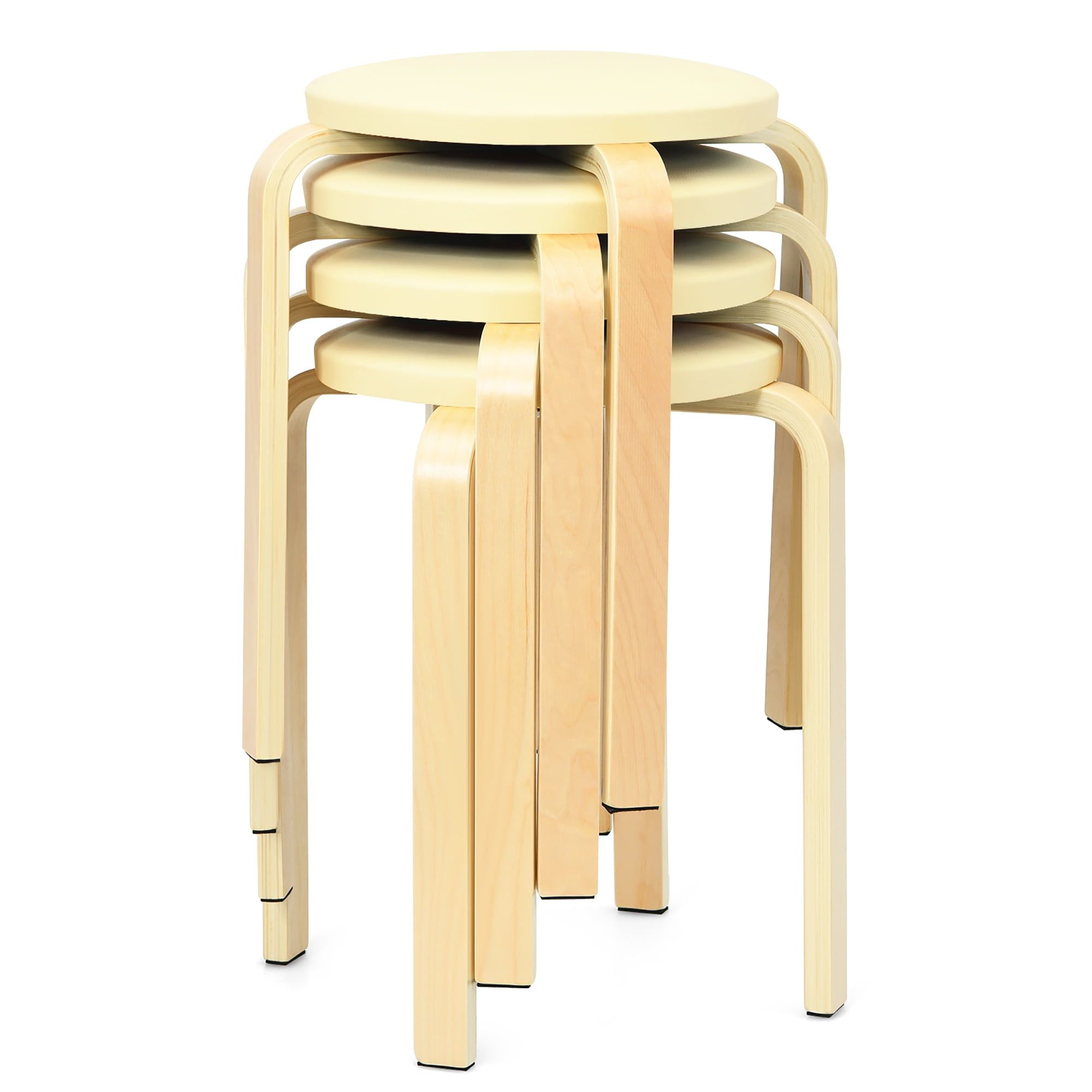 Beige Birch Bentwood Round Stool Set with Padded Seats - 4 Pack