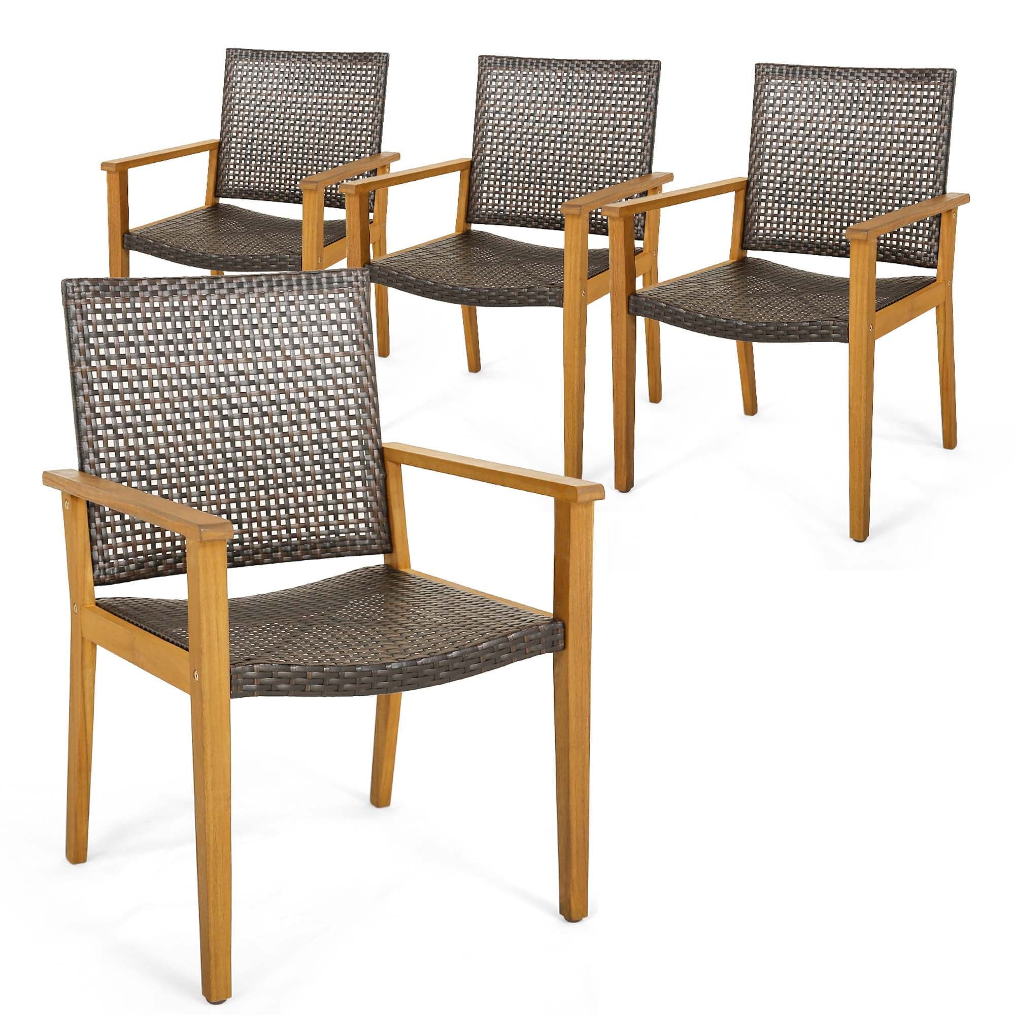 Set of 4 Natural Acacia Wood and Rattan Patio Dining Chairs