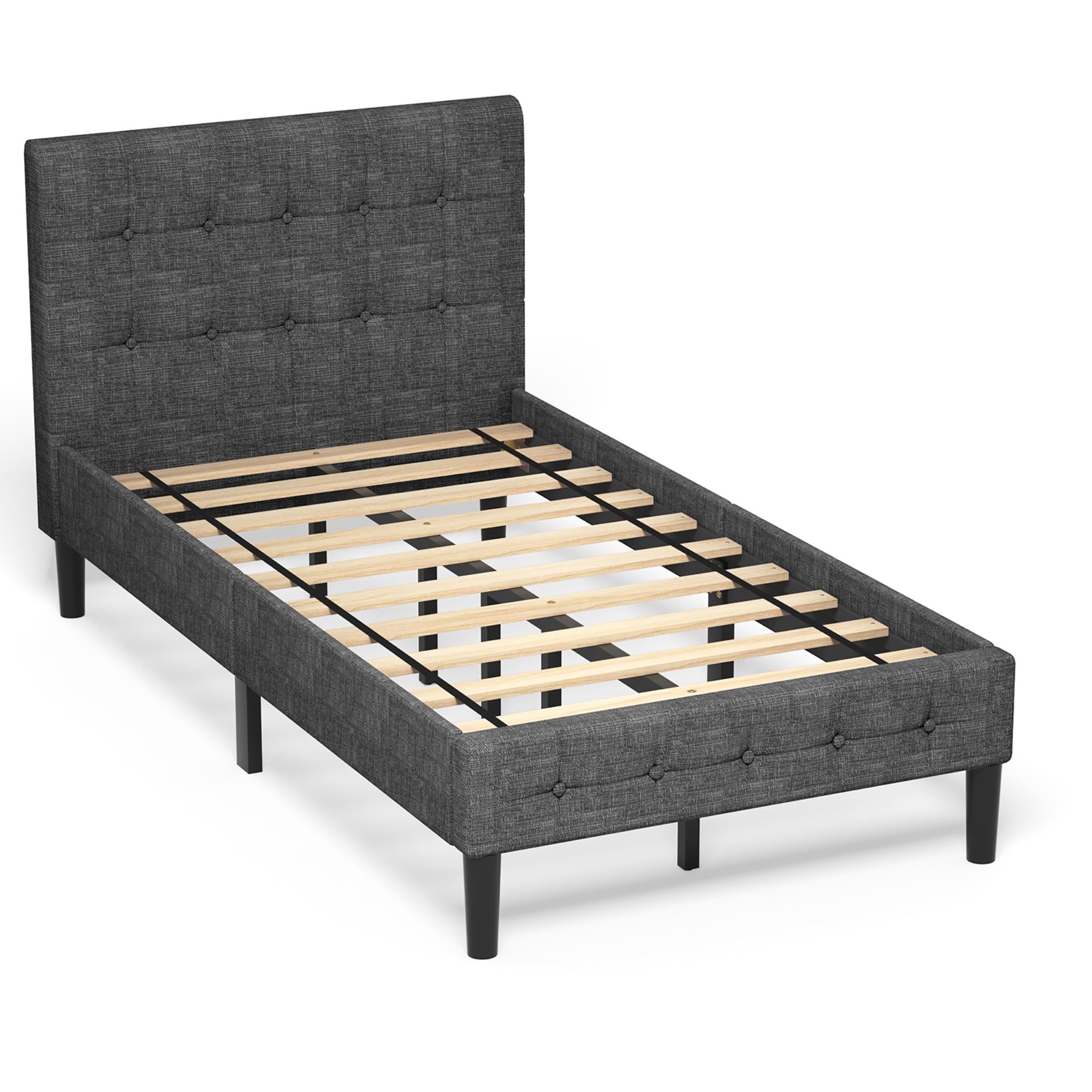 Modern Twin Upholstered Bed Frame with Nailhead Trim and Metal Headboard