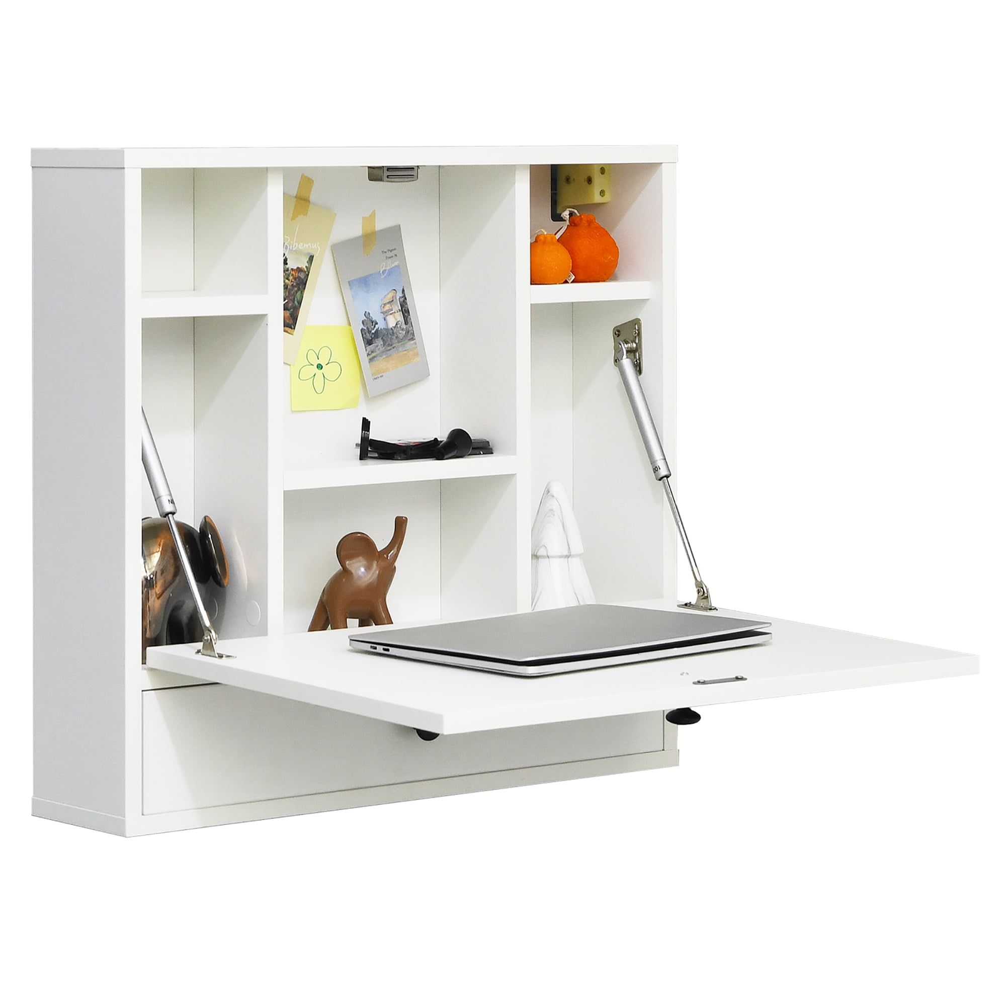 White Wall-Mounted Foldable Desk with Storage Shelves