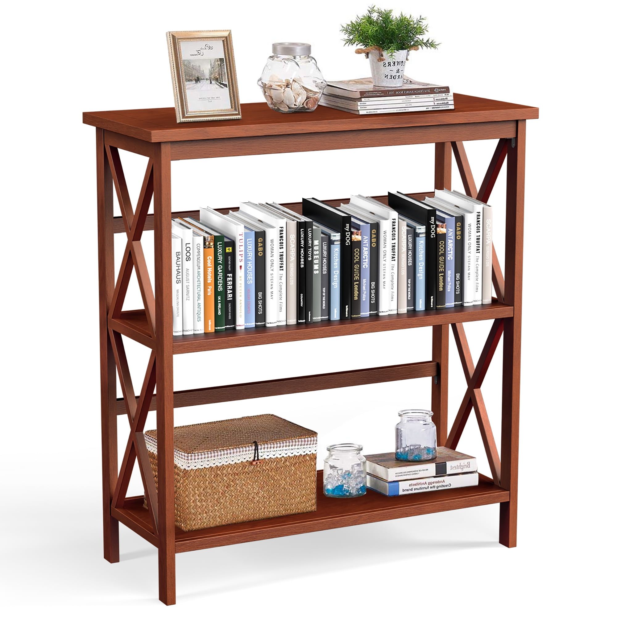 Natural Rubberwood 3-Tier Brown Bookcase with X-Design