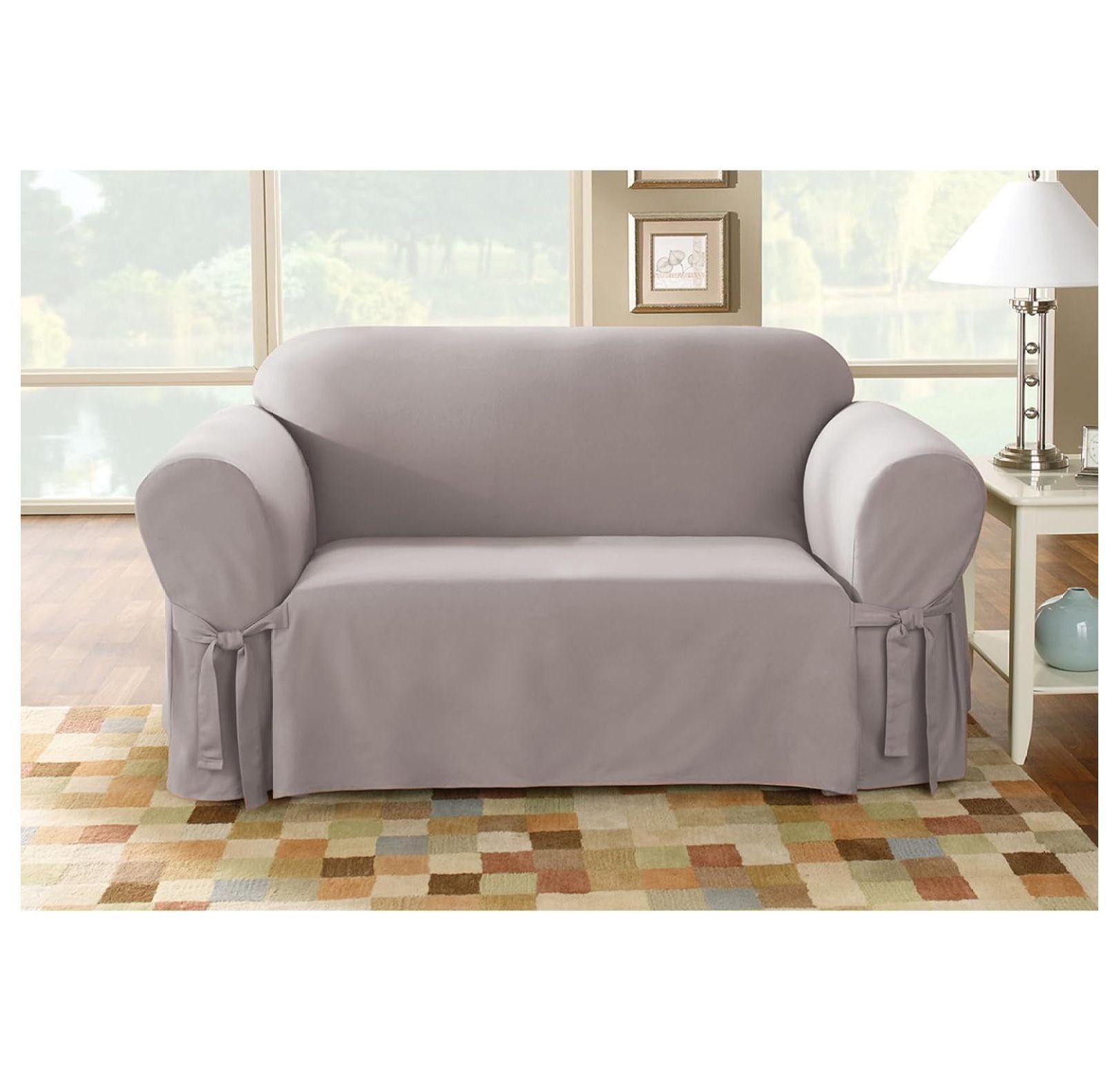 Gray Cotton Duck Loveseat Slipcover with Ties