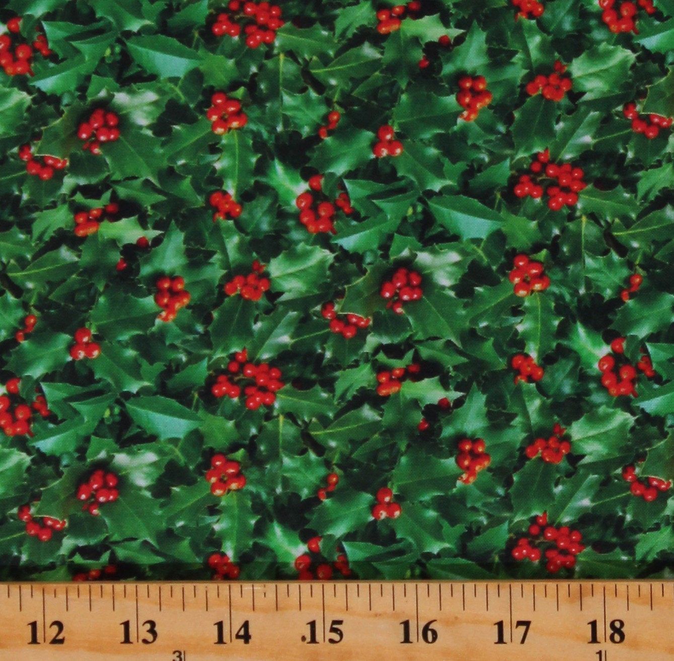 Green Cotton Winter Holly Leaves Christmas Fabric by the Yard