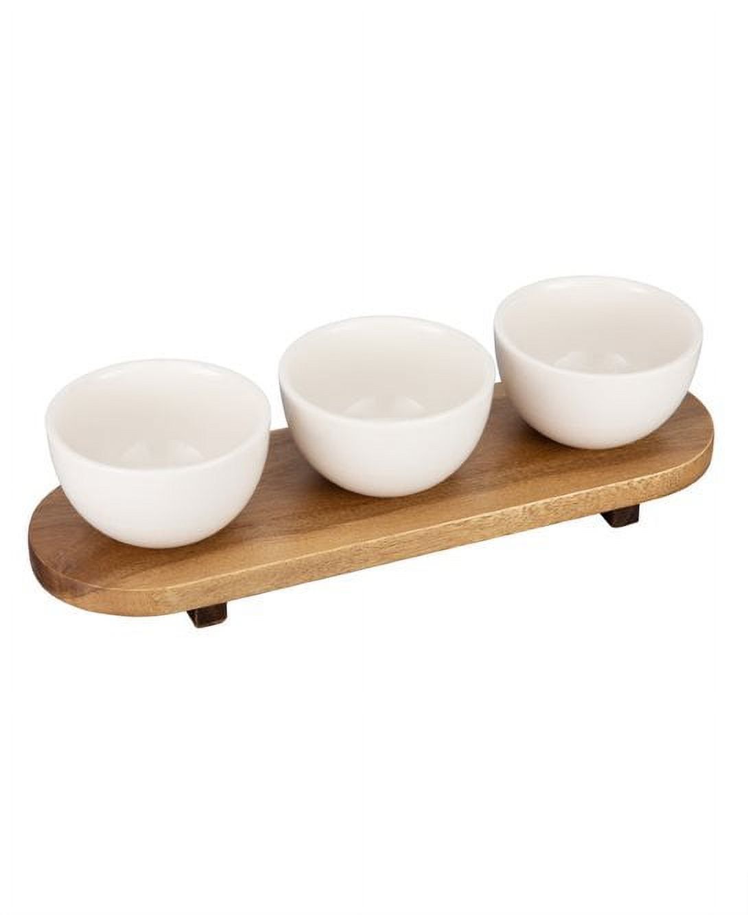 White Stoneware Serving Bowl Set with Acacia Wood Stand