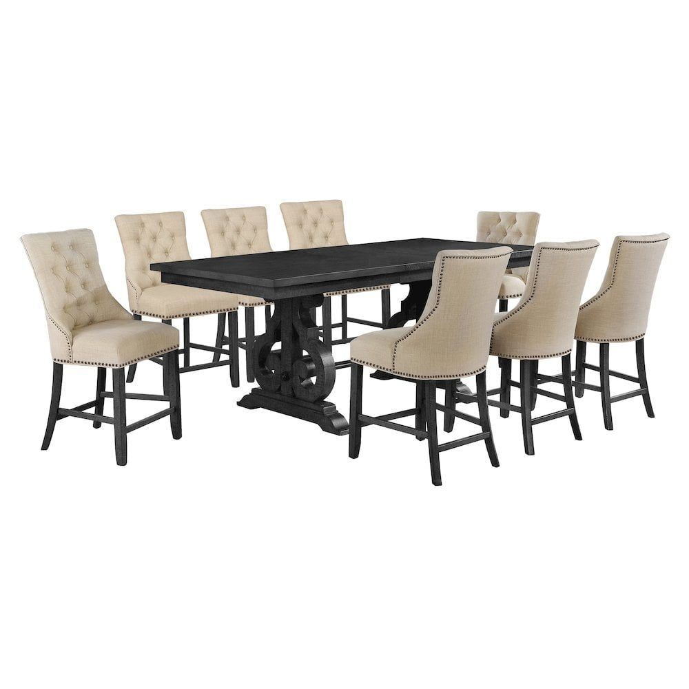 Dark Gray Wood Counter Height Dining Set with Beige Linen Chairs