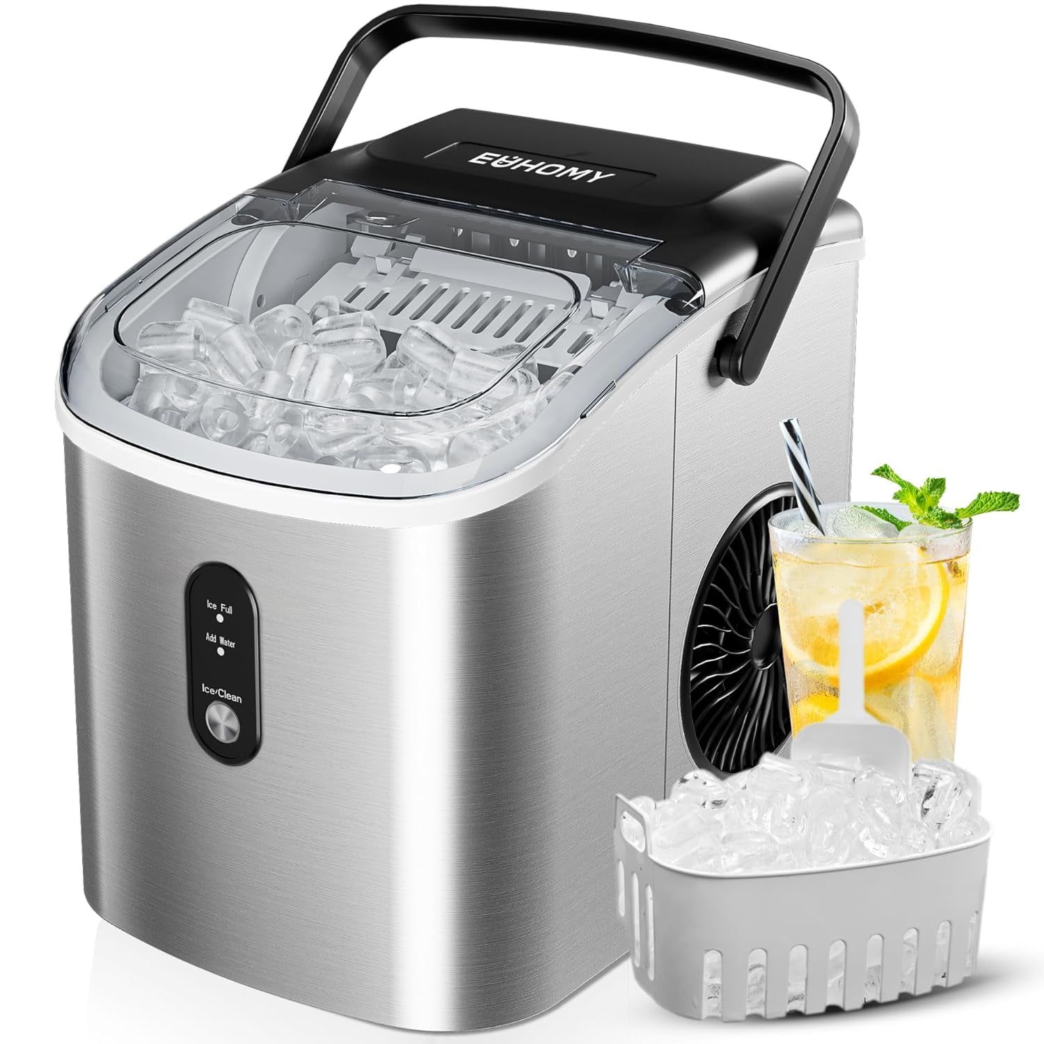 Silver Portable Countertop Ice Maker with Handle and Auto-Cleaning