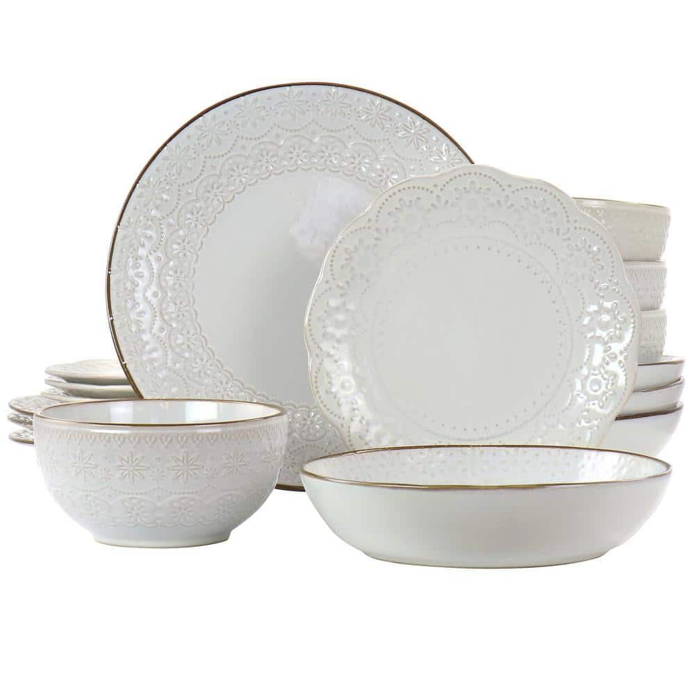 Ivory Embossed Ceramic 16-Piece Dinnerware Set for Four