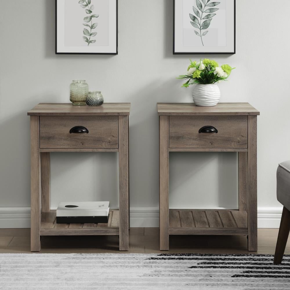 Gray Wash Farmhouse End Table Set with Storage