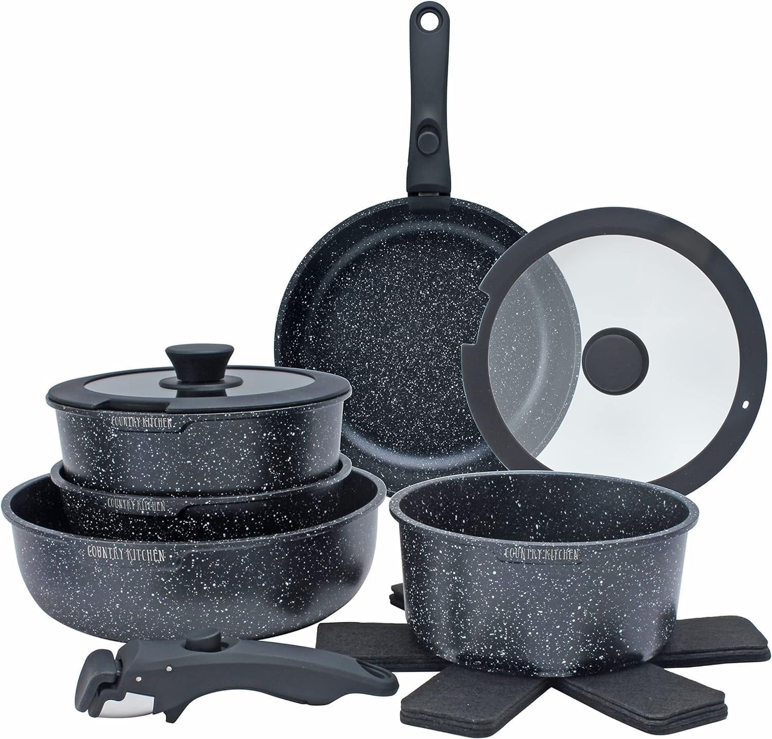Black Aluminum Non-Stick 16-Piece Cookware Set with Removable Handle