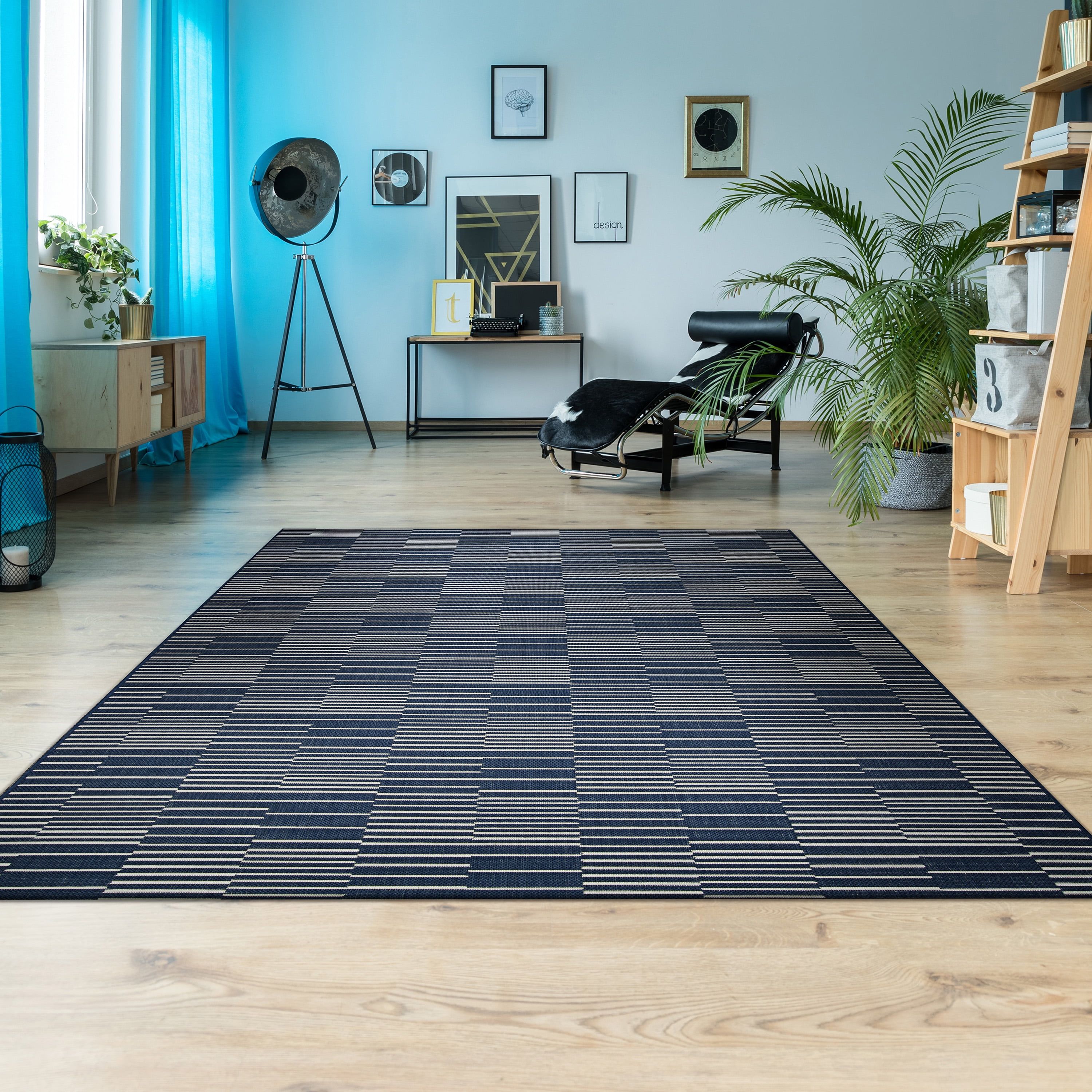 Blue Rectangular Flat Woven Stain-Resistant Outdoor Rug