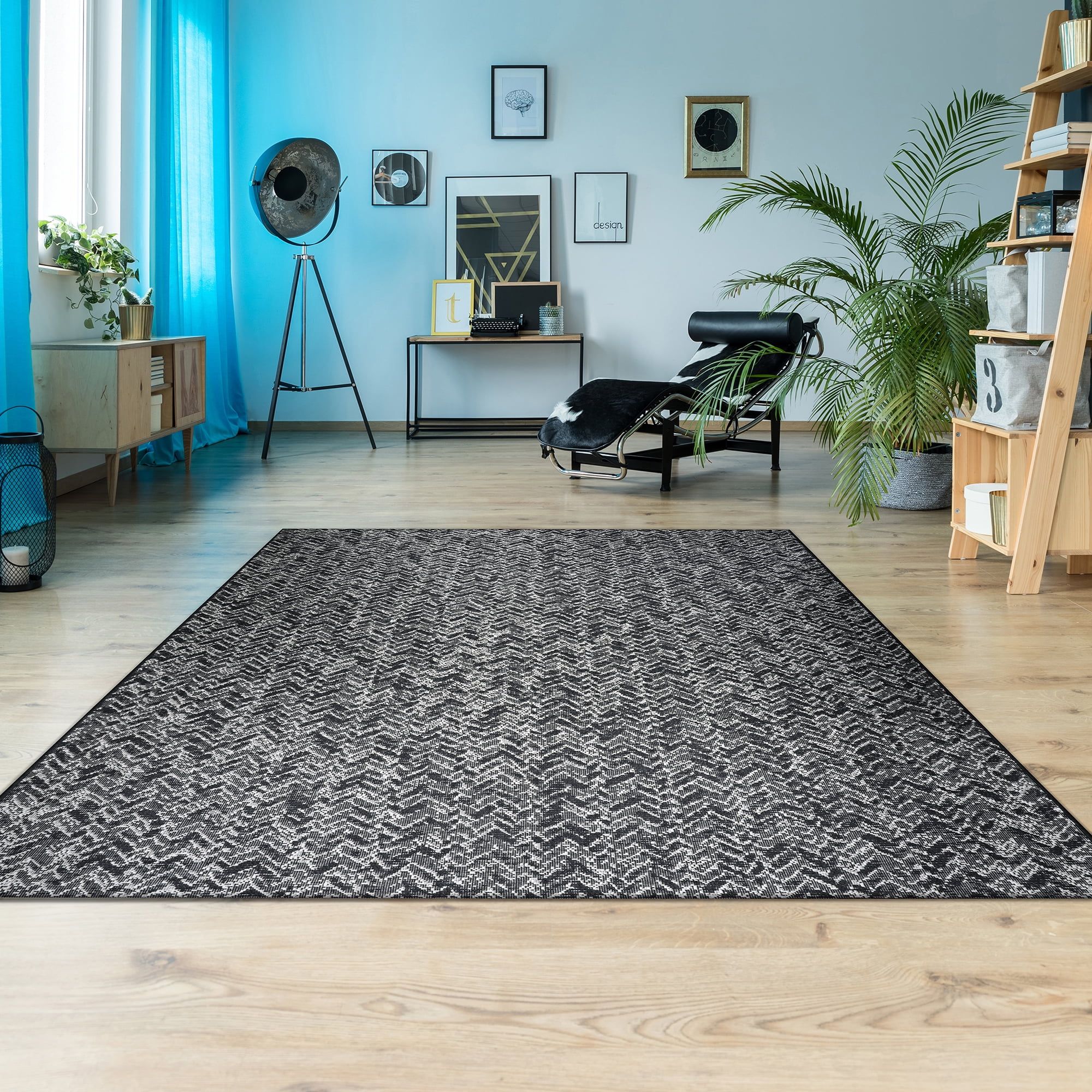 Black and Gray Herringbone Flatwoven Outdoor Rug 6' x 9'