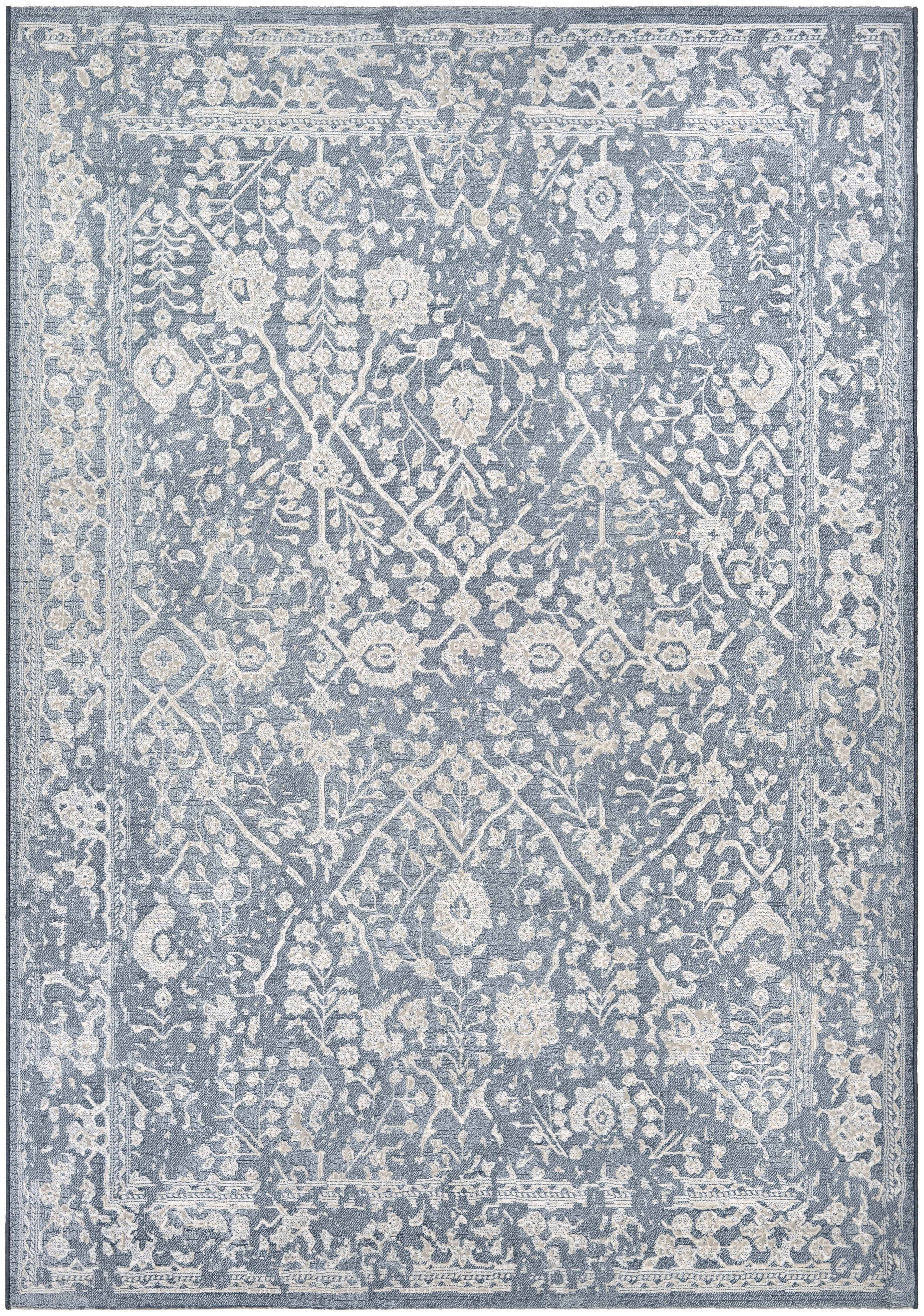 Slate Blue Floral Wool Silk Area Rug