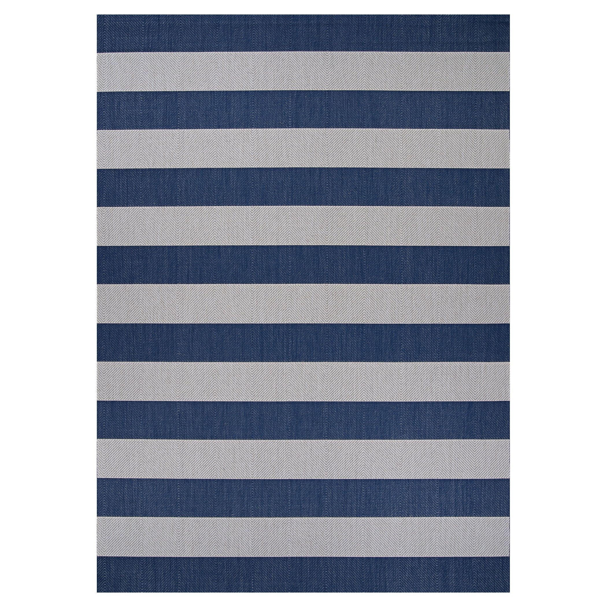 Midnight Blue and Ivory Stripe Synthetic Easy-Care Outdoor Rug, 3'11" x 5'7"