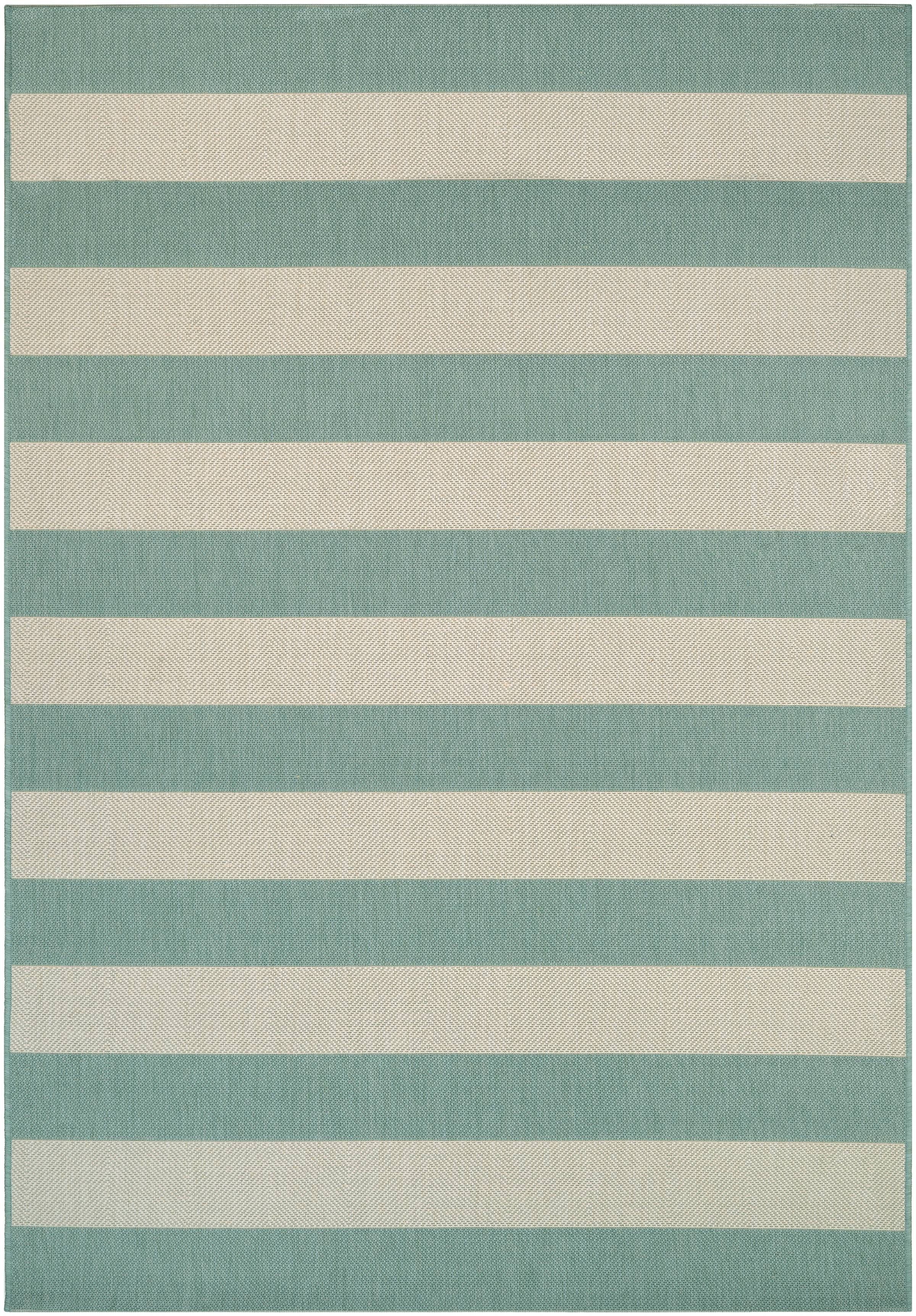 Sea Mist and Ivory Stripe Synthetic 5'3" x 7'6" Outdoor Rug