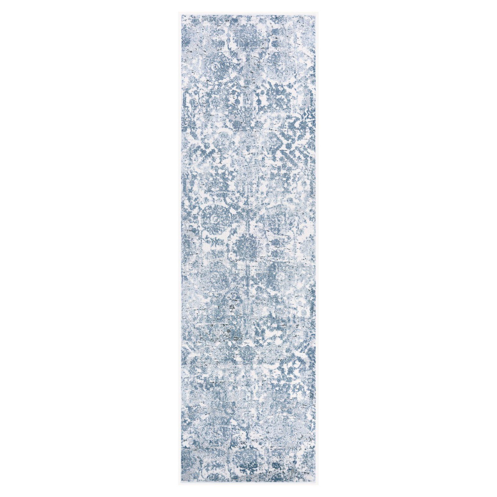 Calinda Steel Blue and Ivory Floral Runner Rug