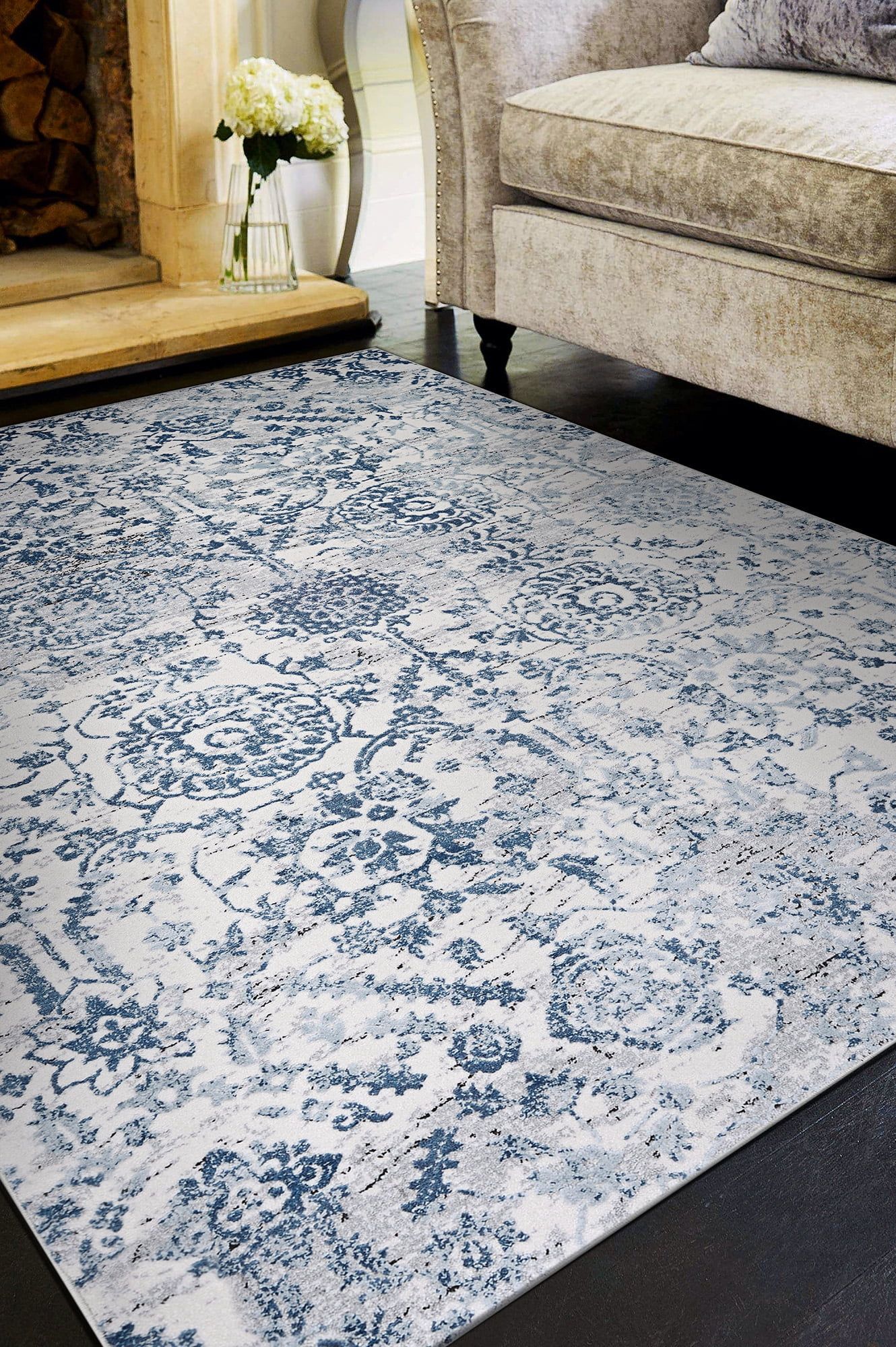 Calinda Steel Blue and Ivory Floral Rectangular Rug