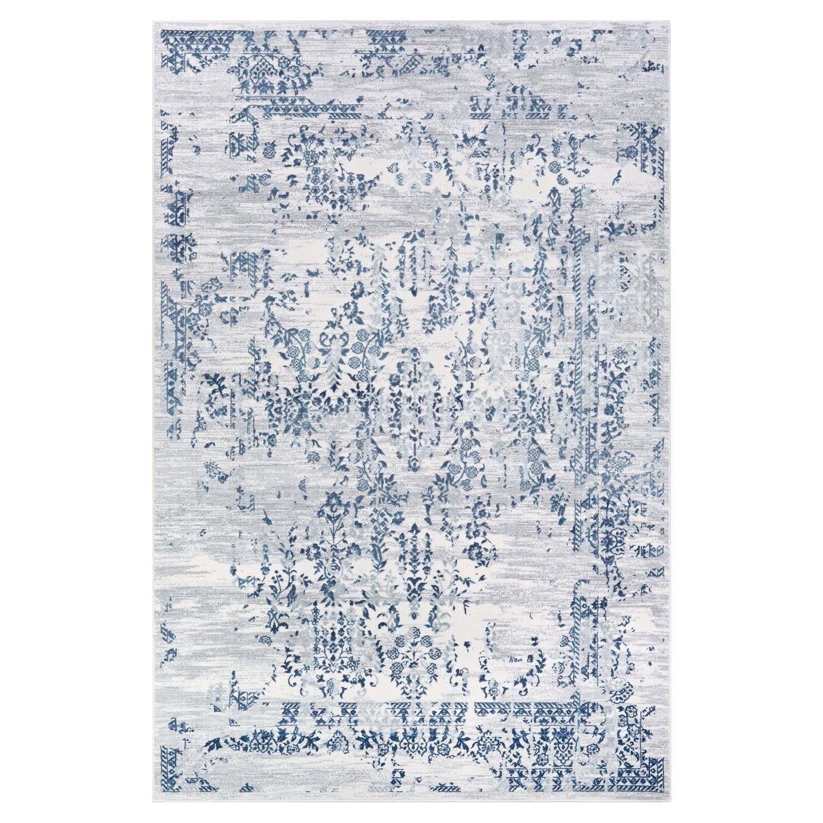 Calinda Steel Blue and Ivory Floral Rectangular Area Rug