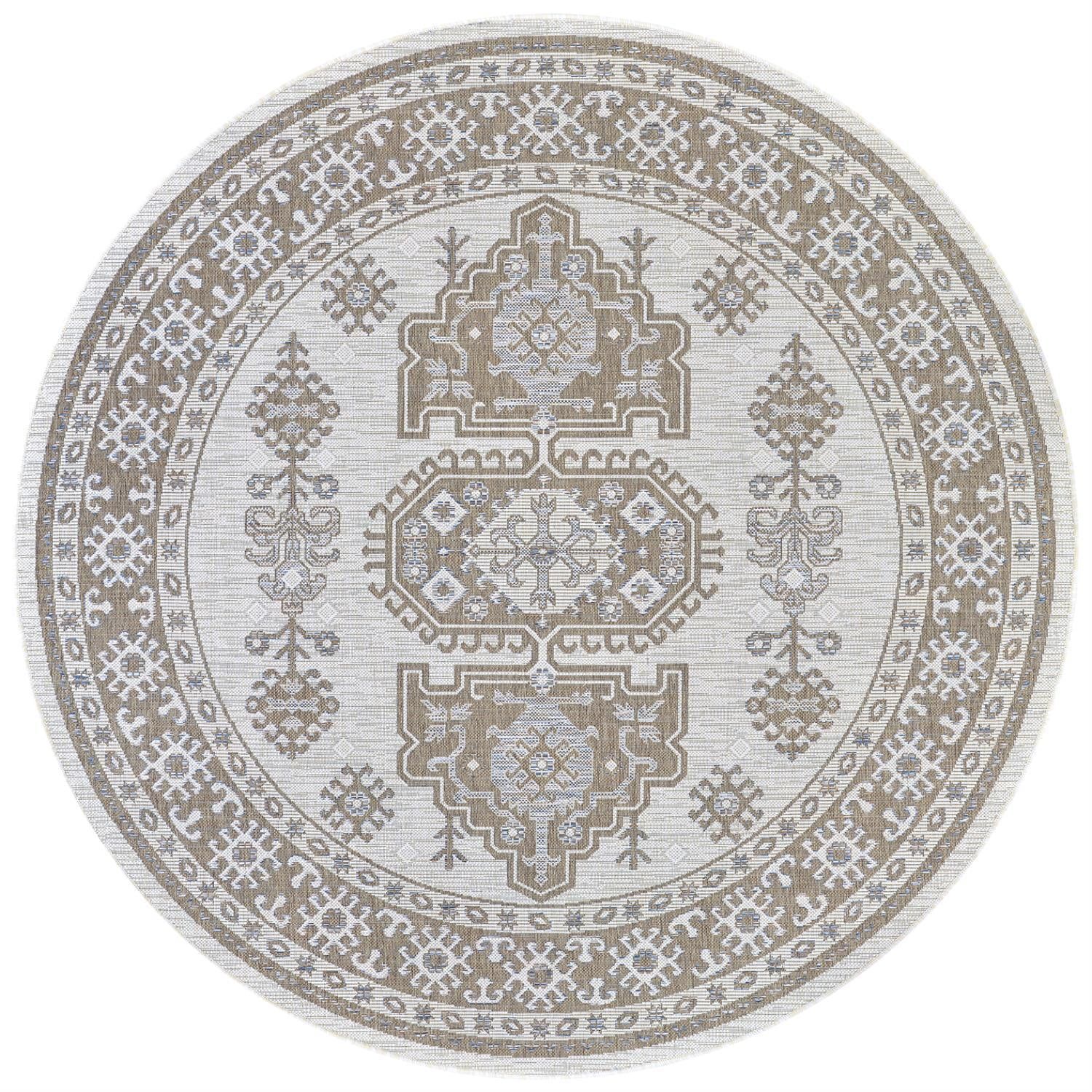 Ivory Floral Medallion 78" Round Outdoor/Indoor Area Rug