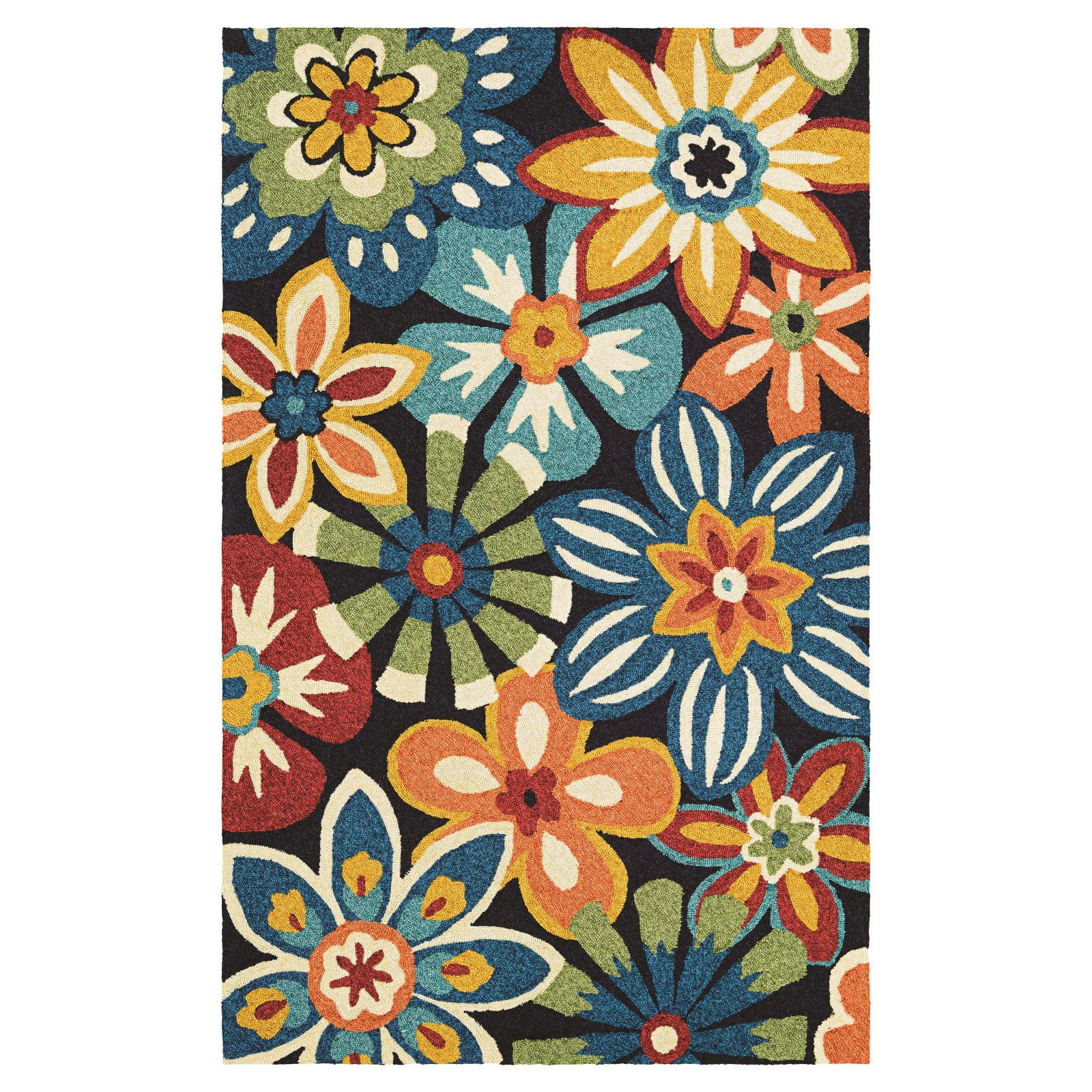 Navy Blue Floral Hand-Hooked Rectangular Area Rug