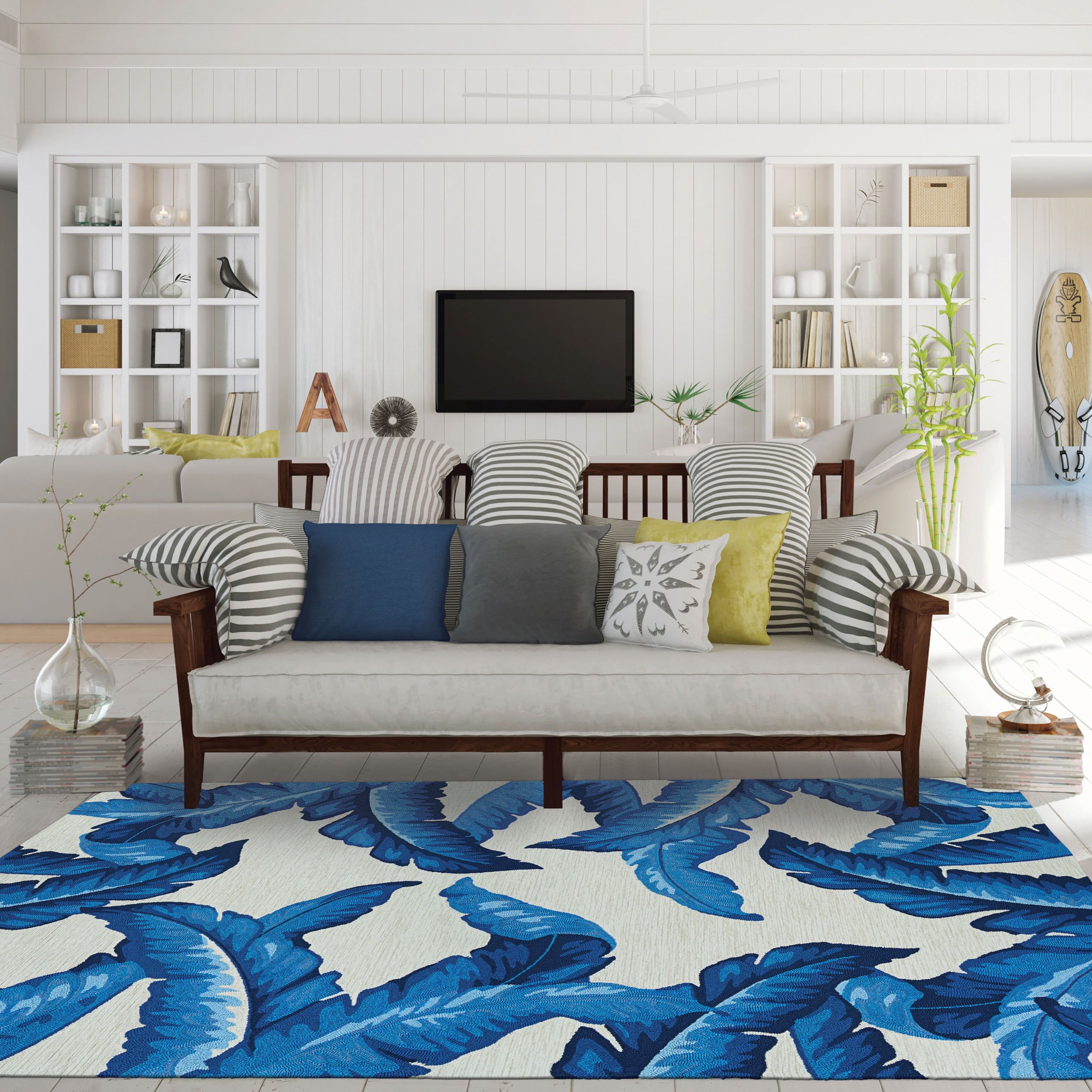 Blue and White Palm Leaf 8' x 11' Outdoor Rug