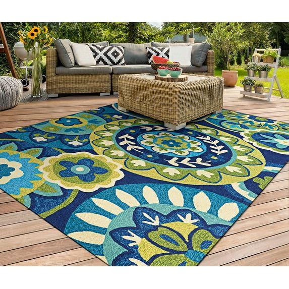 Ocean Blue and Green Floral Synthetic Rectangular Rug, 2' x 4'