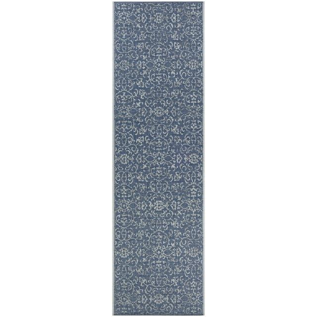 Ivory Floral Flat Woven Wool-Synthetic Blend Indoor/Outdoor Runner Rug