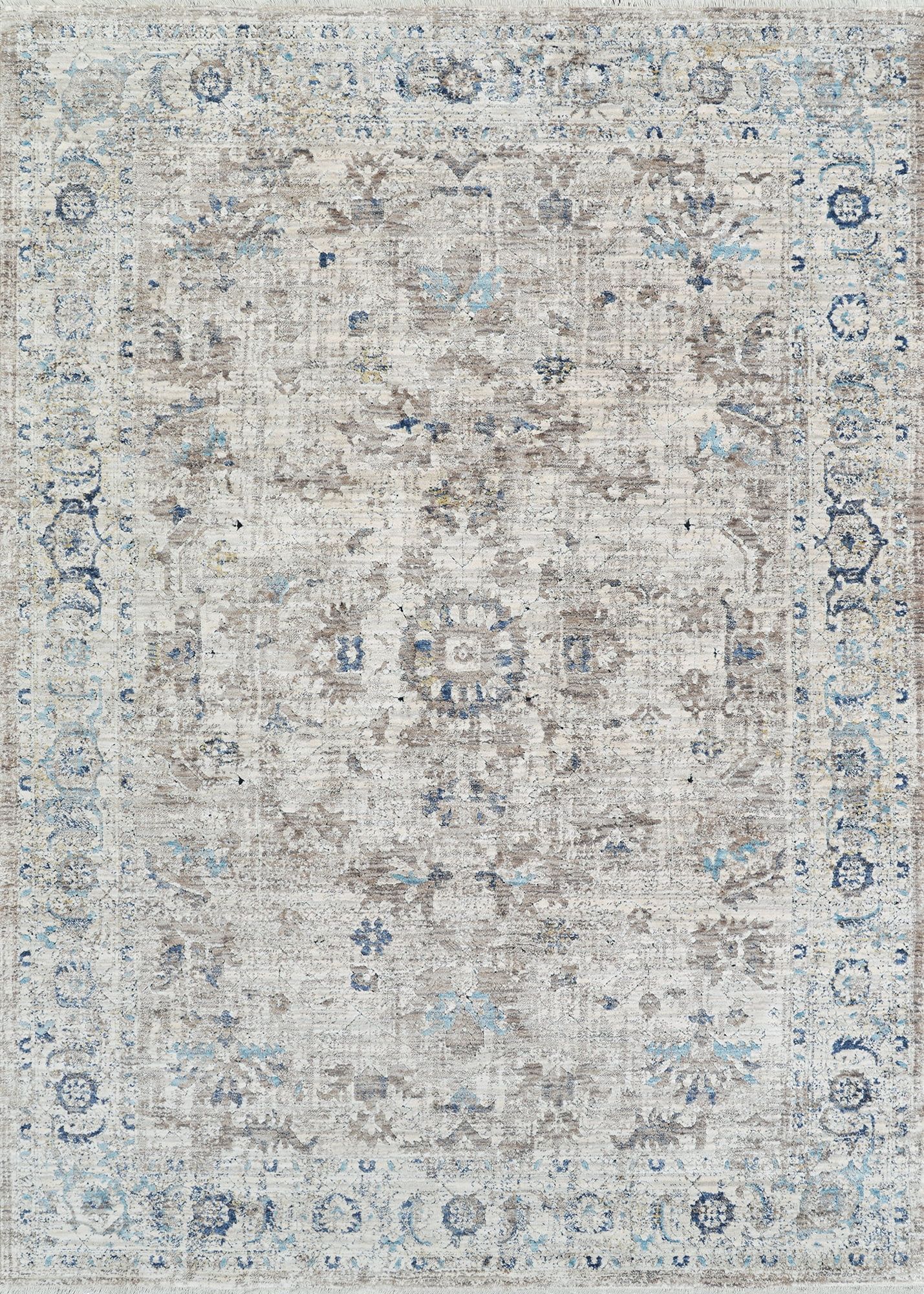 Antique Cream and Blue Persian-Inspired 5' x 7' Area Rug