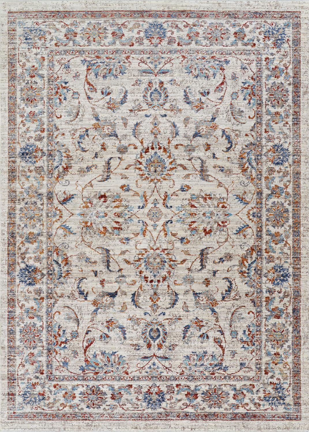 Antique Cream and Blue Polyester Handmade Persian-Inspired Rug, Over 9' x 12'