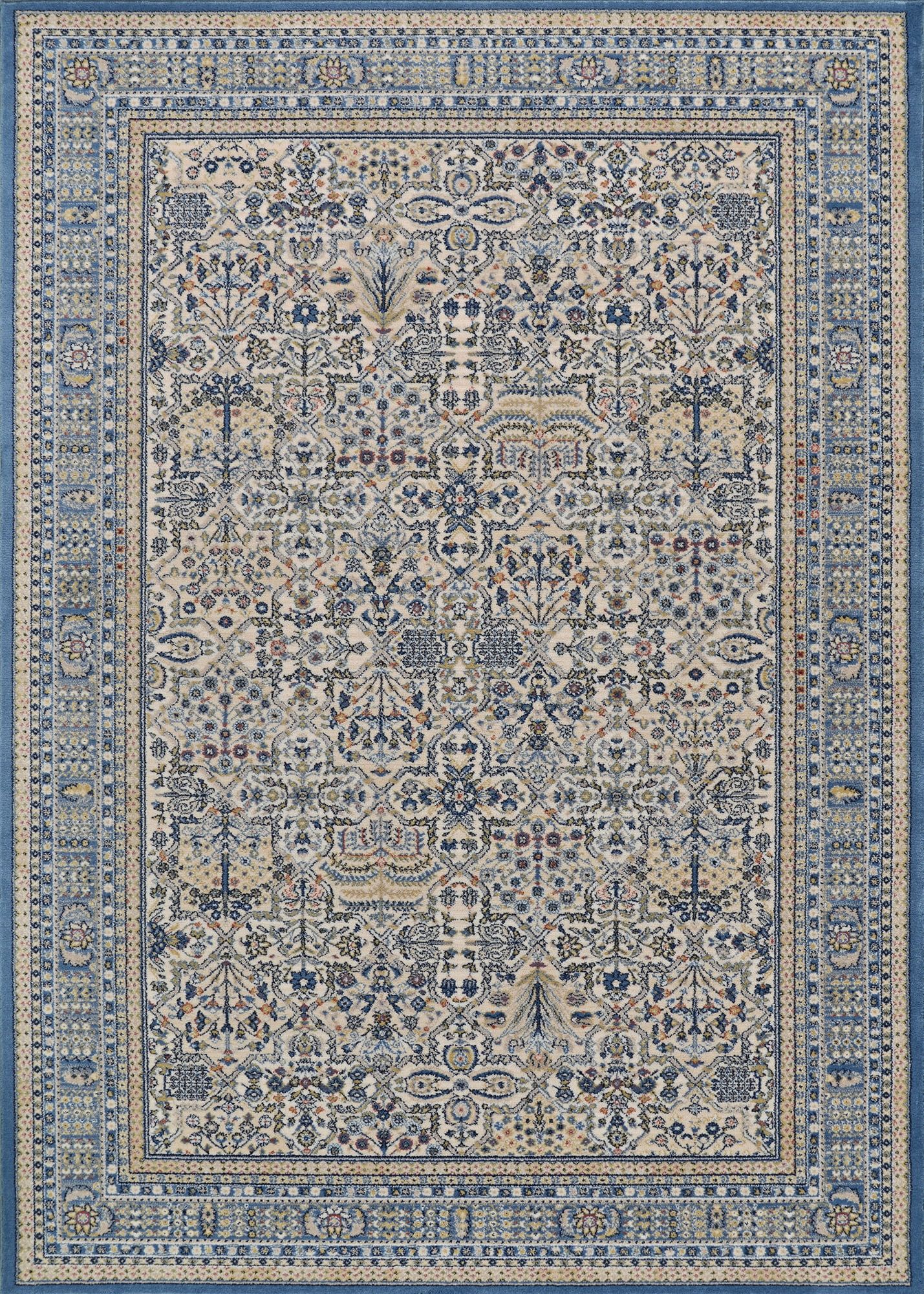 Antique Cream and Blue Wool Area Rug, 5'3" x 7'6"