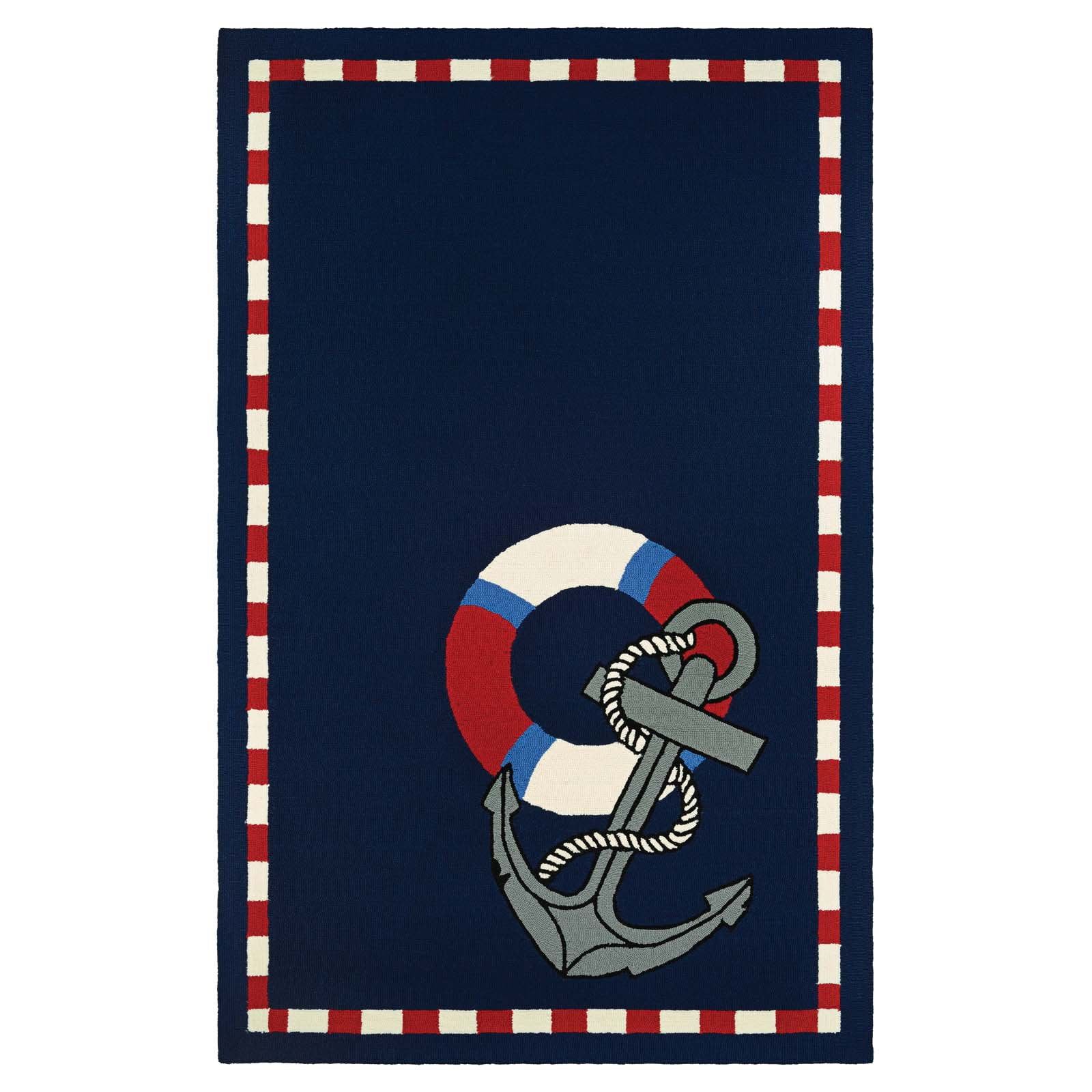 Nautical Navy Hand-Hooked Rectangular Outdoor Rug, 5'6" x 8'