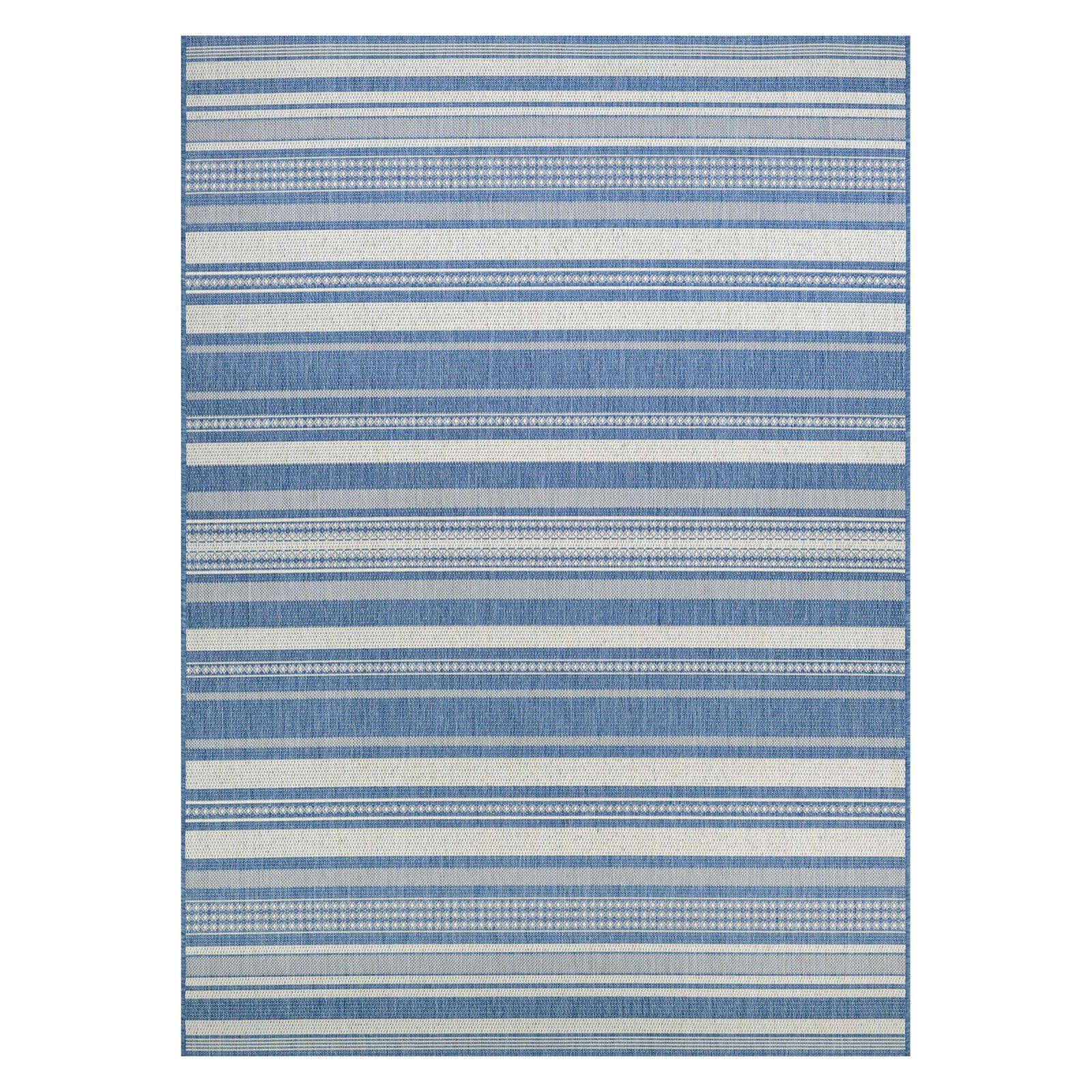 Champagne and Blue Striped 5' x 7' Flat Woven Area Rug