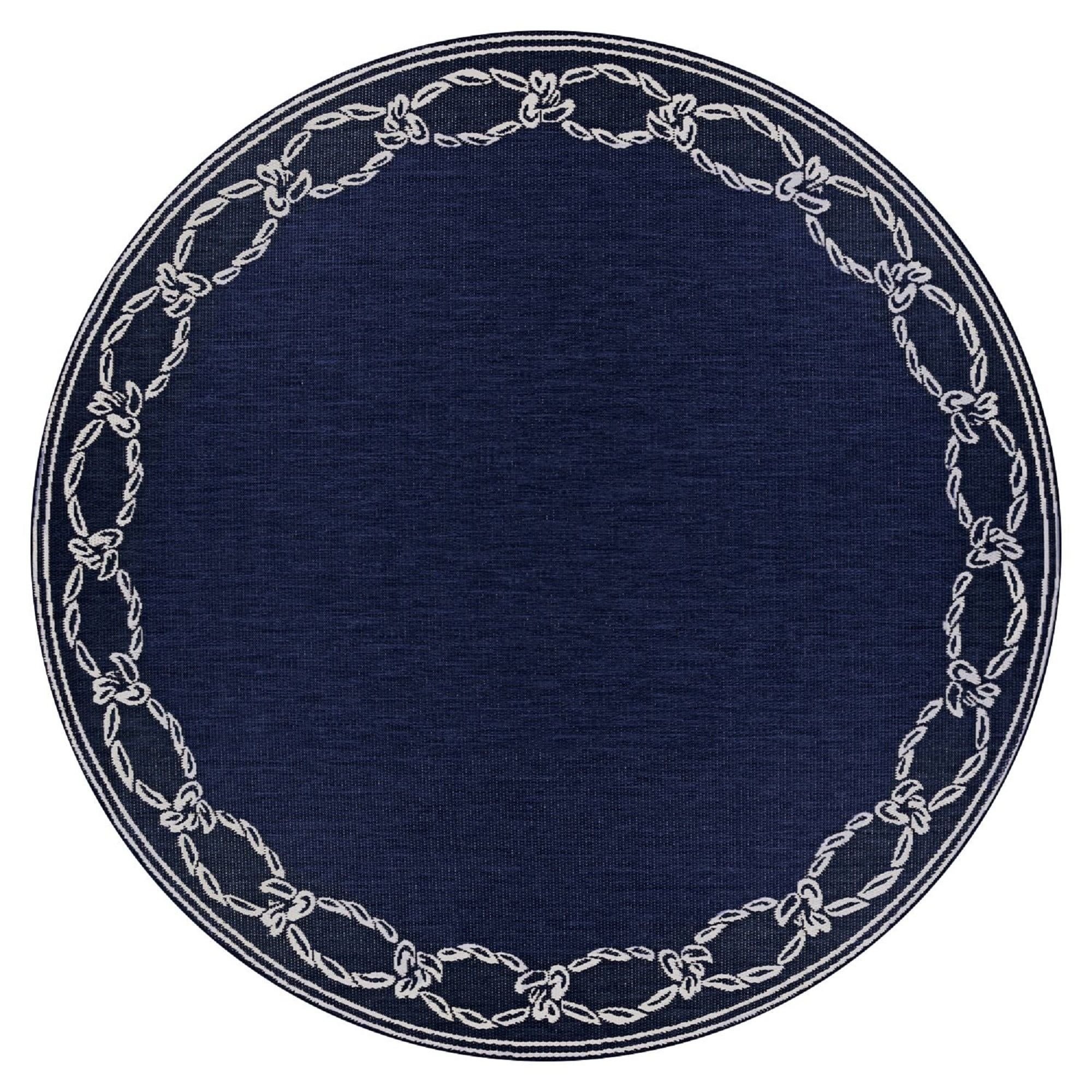Ivory and Indigo Round Synthetic Indoor/Outdoor Area Rug