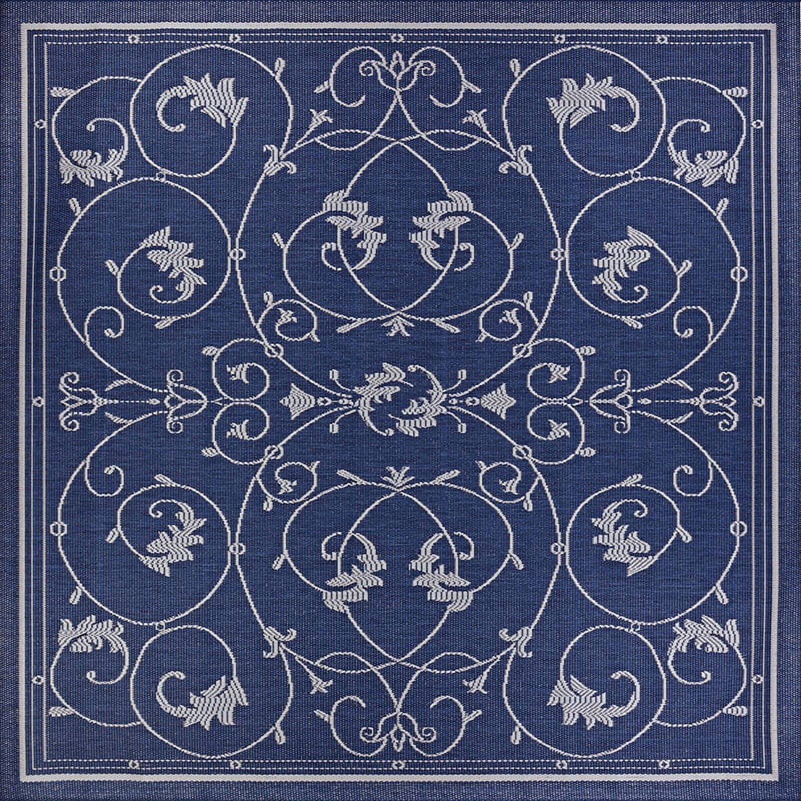 Ivory-Indigo Minimalist Square Indoor-Outdoor Synthetic Area Rug