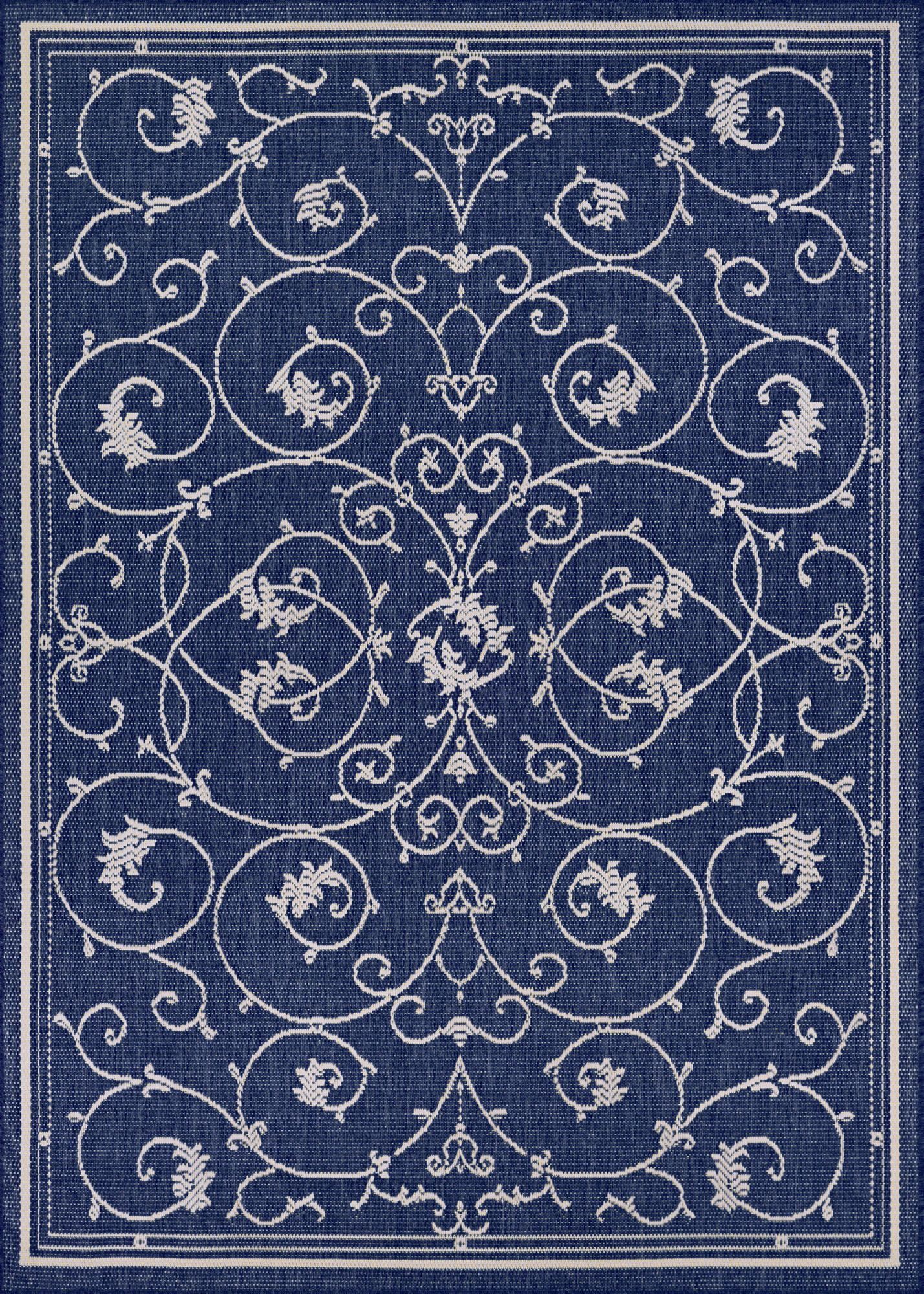 Ivory Indigo Minimalist Flat Woven Synthetic Area Rug 90"x129"