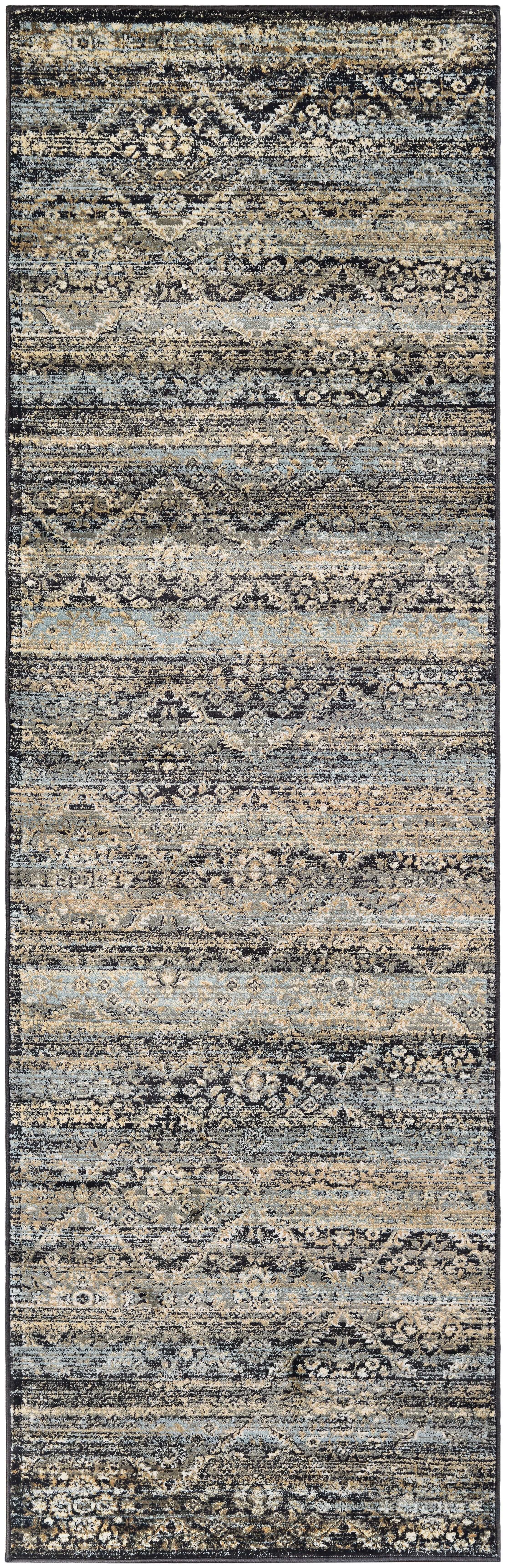 Zahara Black and Light Blue Traditional Runner Rug