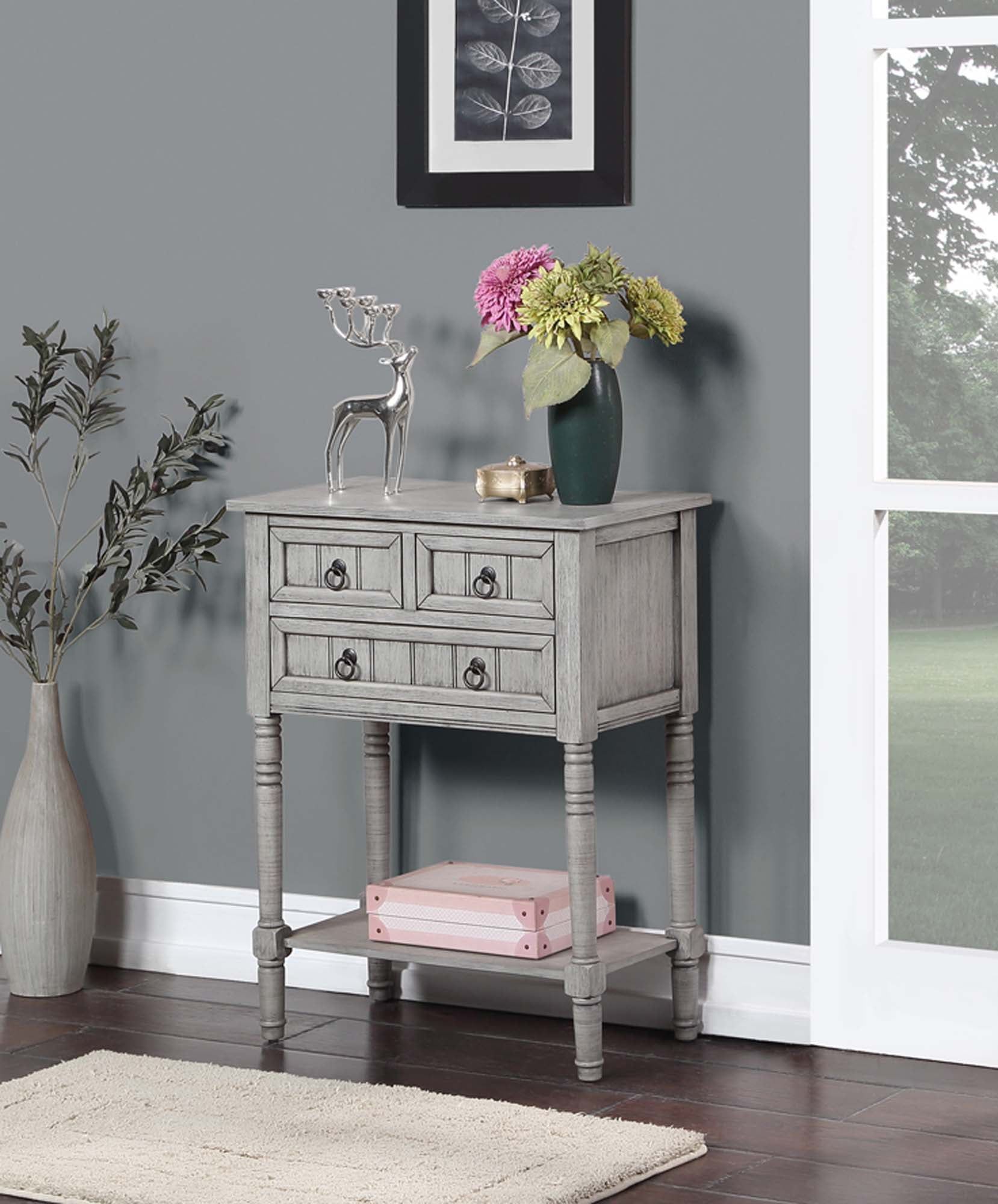 Elegant Kendra Wirebrush Light Gray 3-Drawer Hall Table