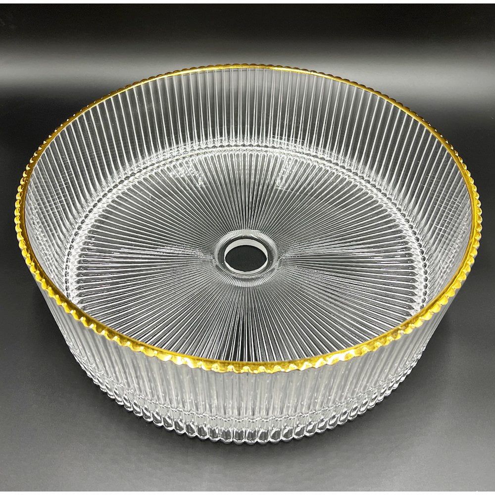 14'' Clear Ribbed Glass Vessel Sink with Gold Rim