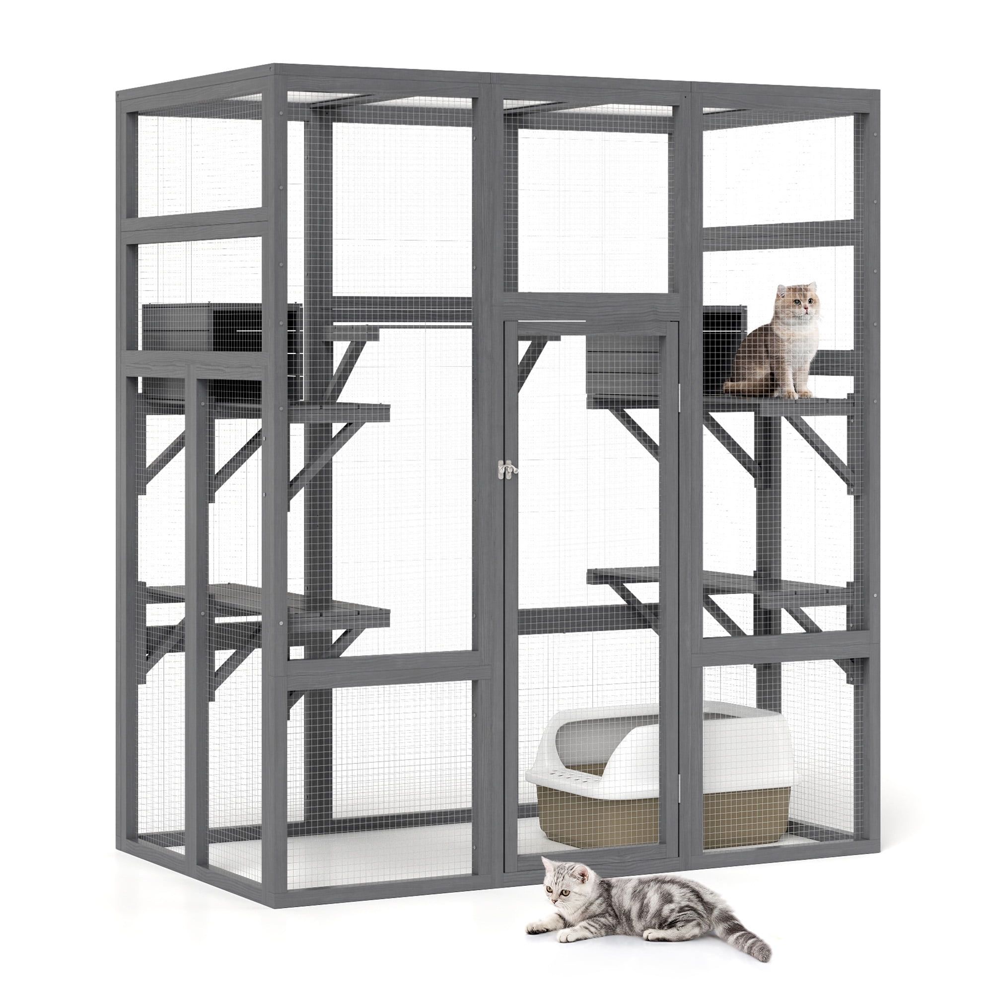 Gray Fir Wood Outdoor Cat Enclosure with Platforms and Condos