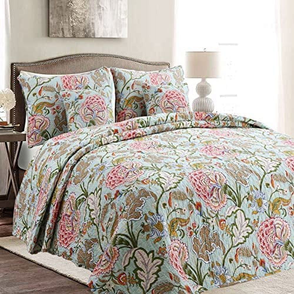 King Size Pink and Green Cotton Reversible Quilt Set