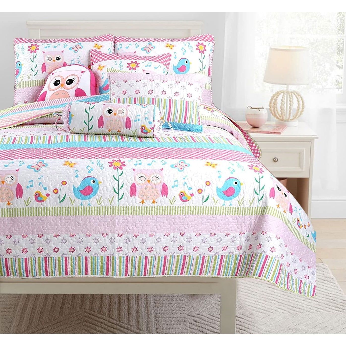 Pink Reversible Cotton Owl and Bird Queen Quilt Set