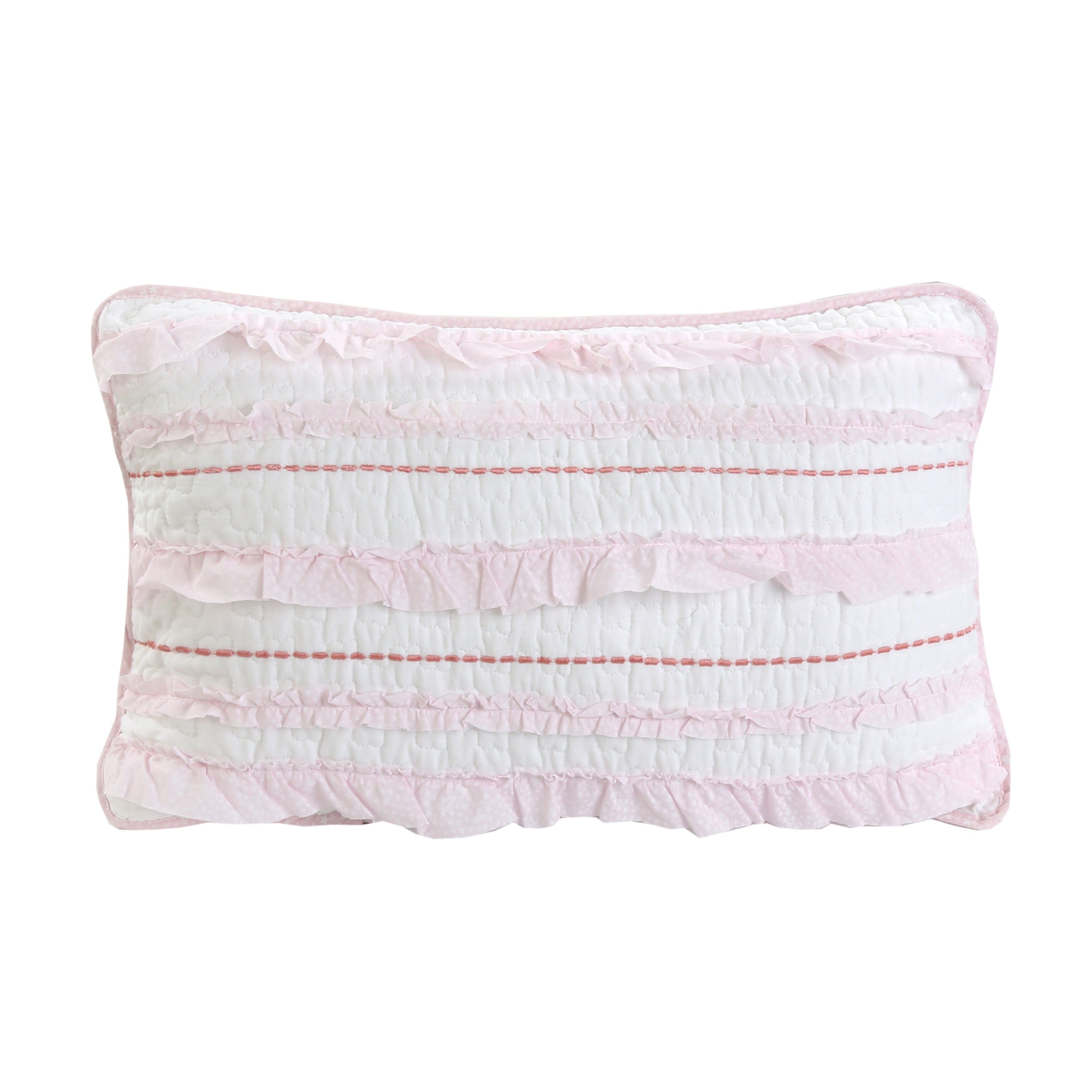 Pink and White Ruffled Cotton Rectangular Throw Pillow