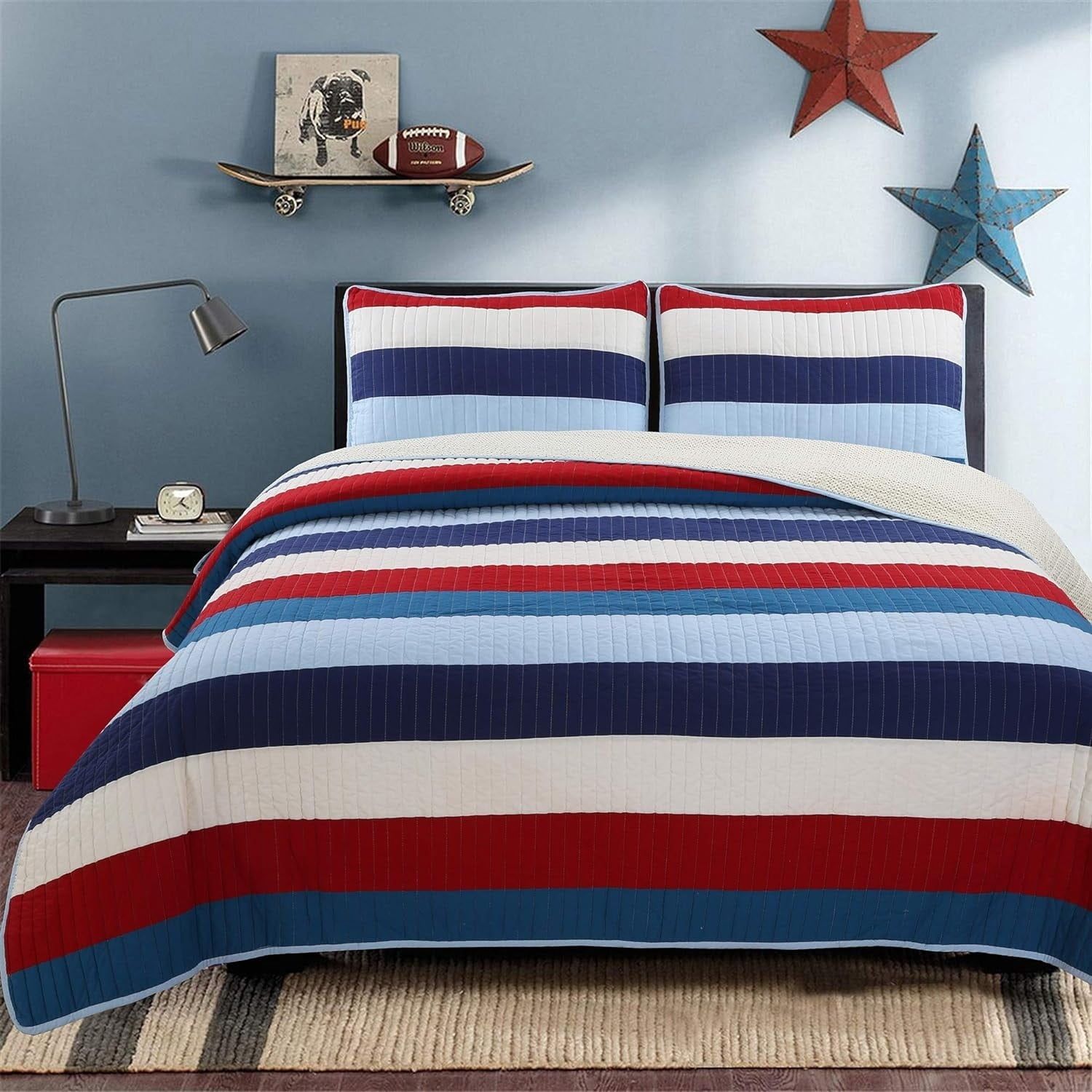 Twin Ivory and Red Cotton Reversible Quilt Bedding Set