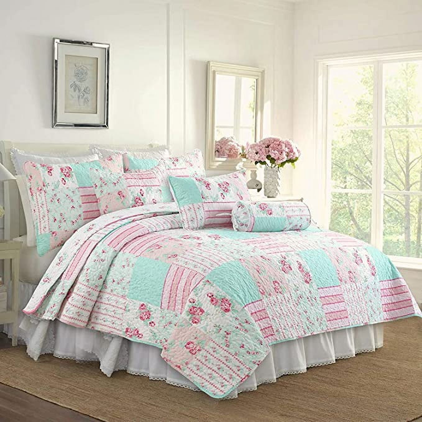 Pink and Turquoise Floral Reversible Twin Microfiber Quilt Set