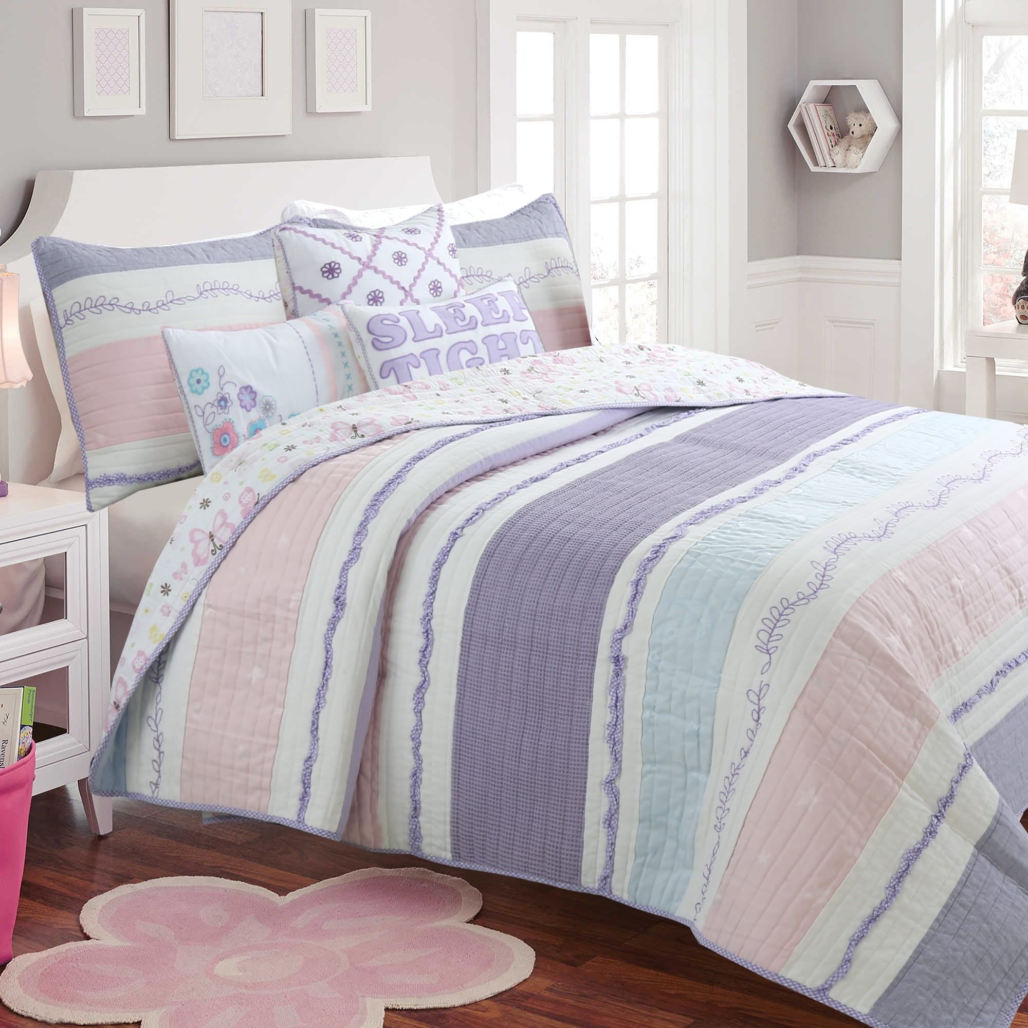 Purple and Pink Cotton Twin Reversible Quilt Set