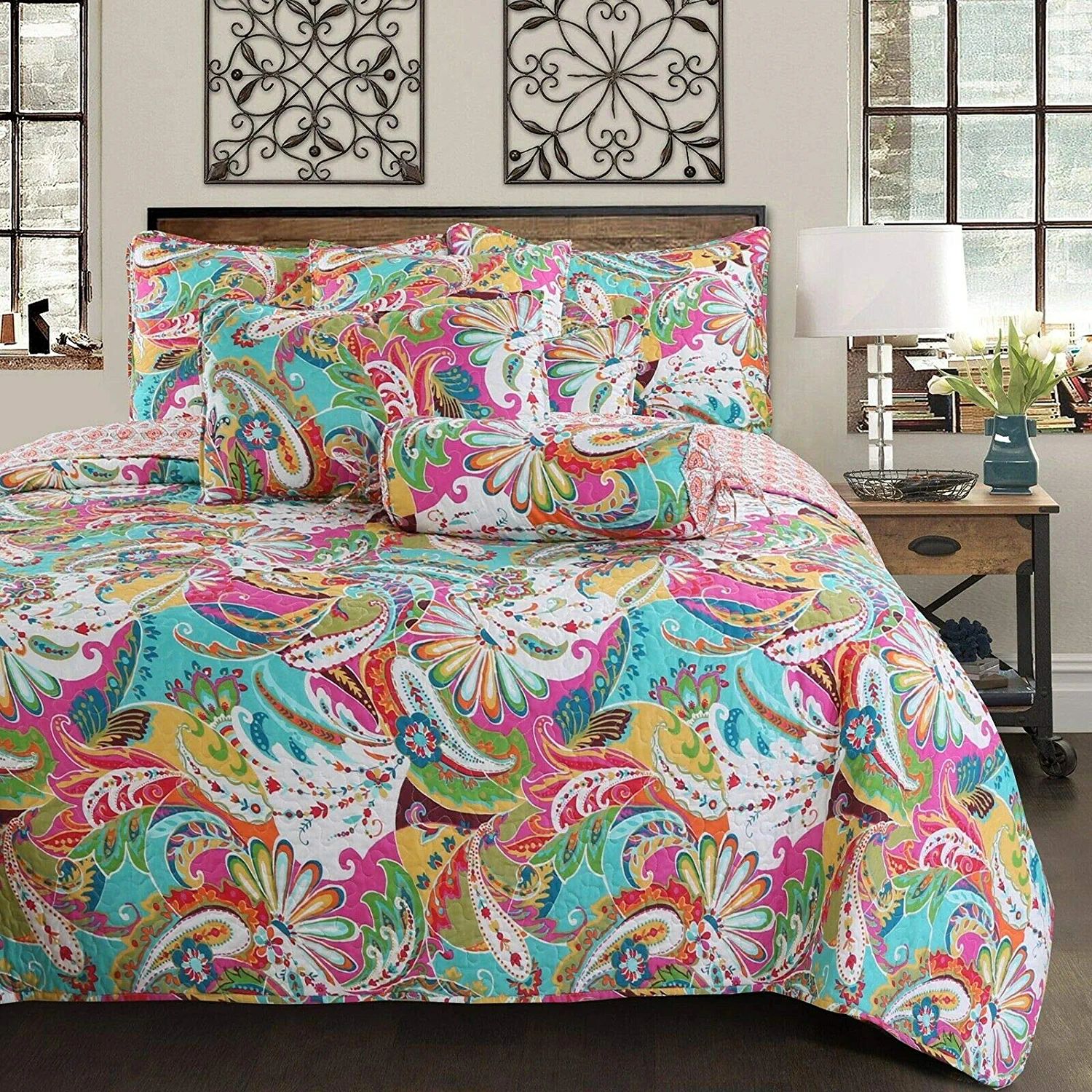 Navy Floral Paisley Reversible Microfiber Queen Quilt Set