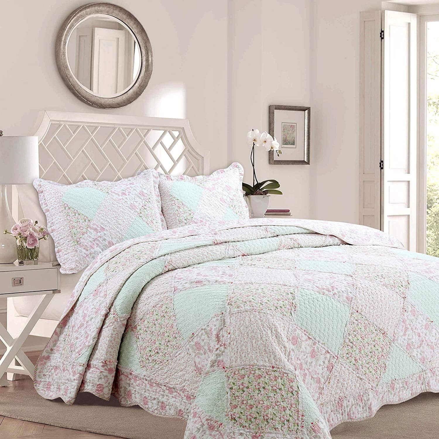 Pastel Floral Patchwork Cotton Reversible Queen Quilt Set